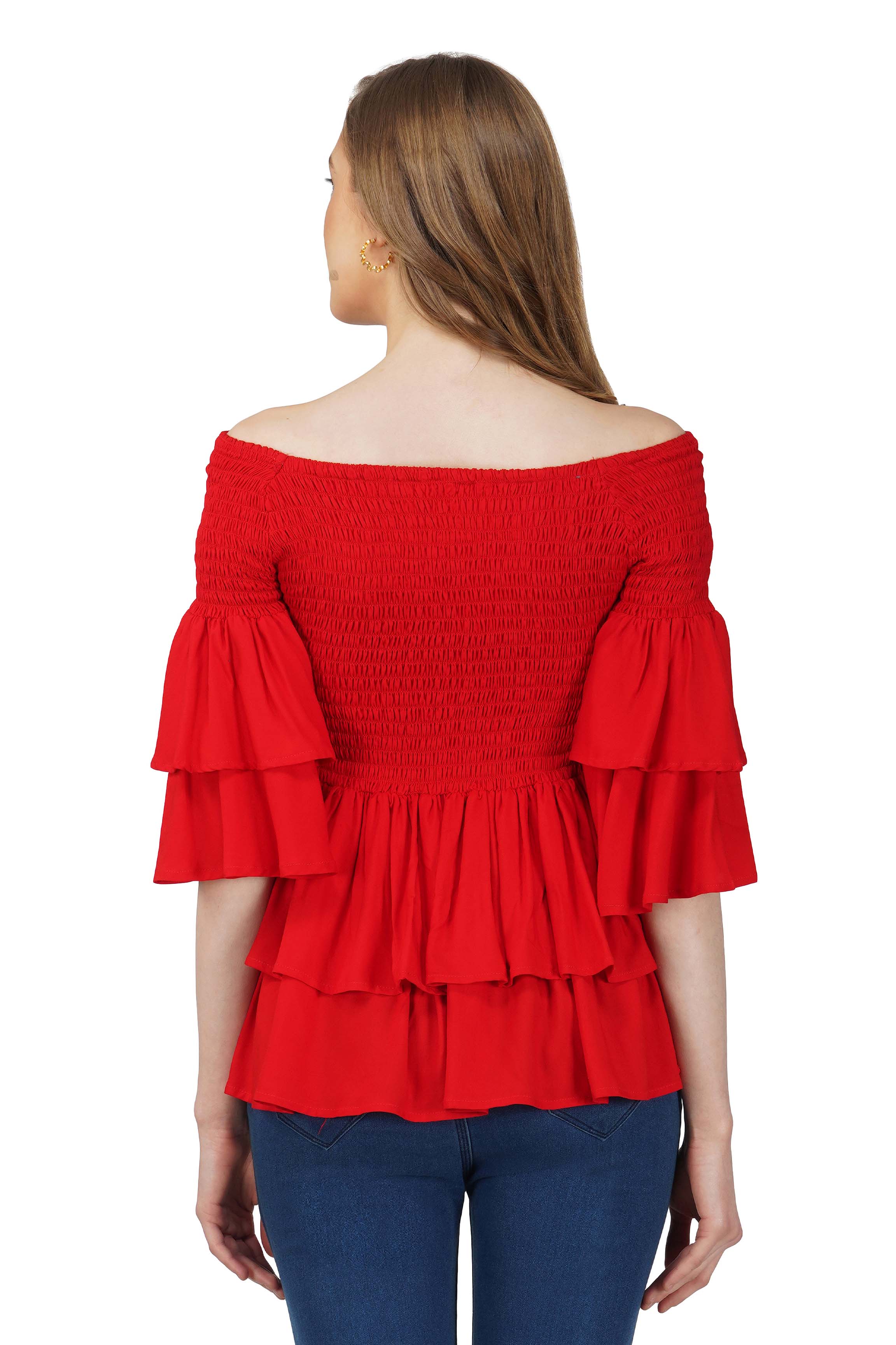 Red Smocked Off Shoulder Blouse, Double layer Attire, 100% Cotton
