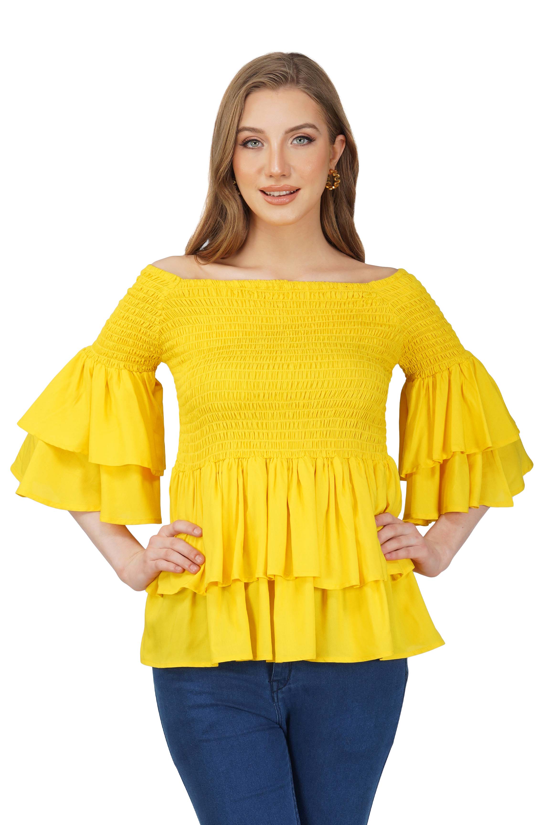Yellow Smocked Off Shoulder Blouse, Double Layer Attire, 100% Cotton