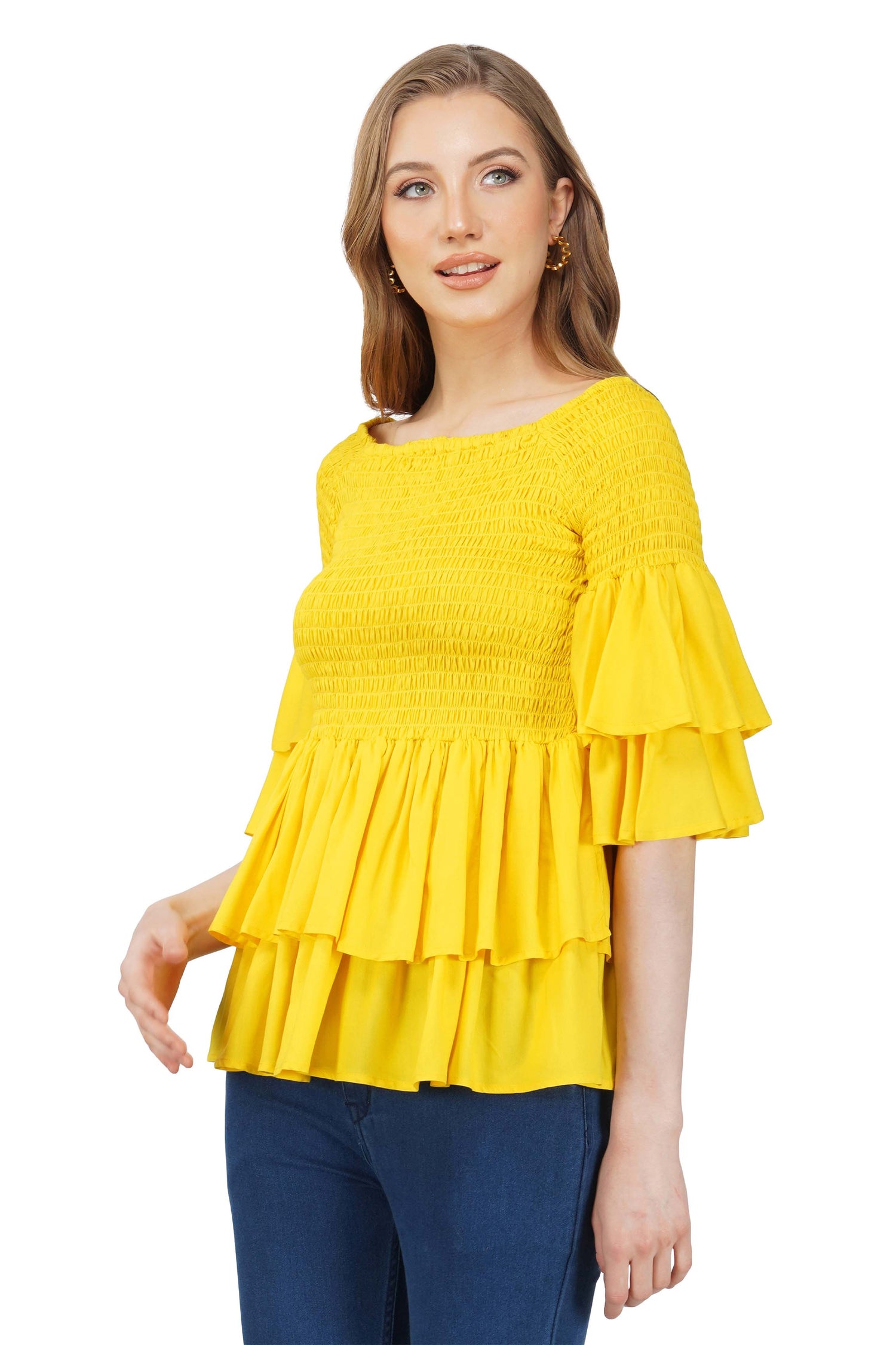 Yellow Smocked Off Shoulder Blouse, Double Layer Attire, 100% Cotton
