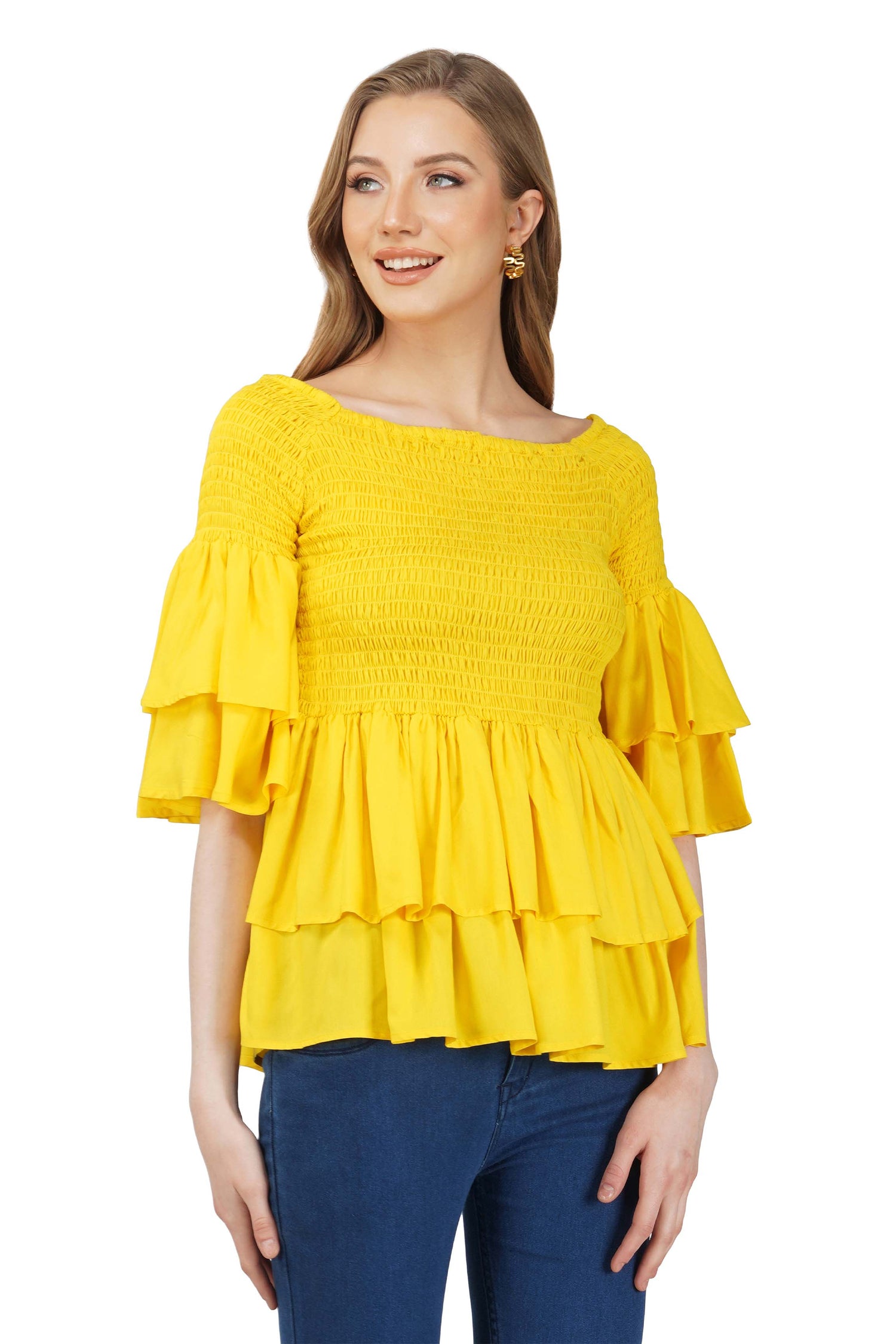 Yellow Smocked Off Shoulder Blouse, Double Layer Attire, 100% Cotton