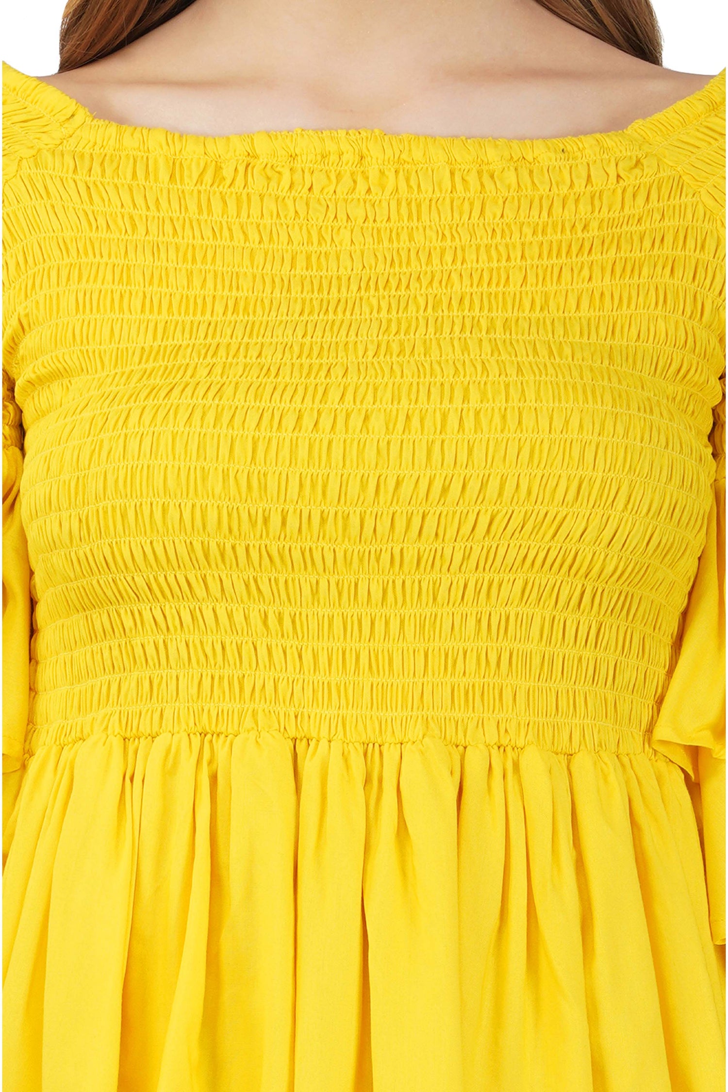 Yellow Smocked Off Shoulder Blouse, Double Layer Attire, 100% Cotton