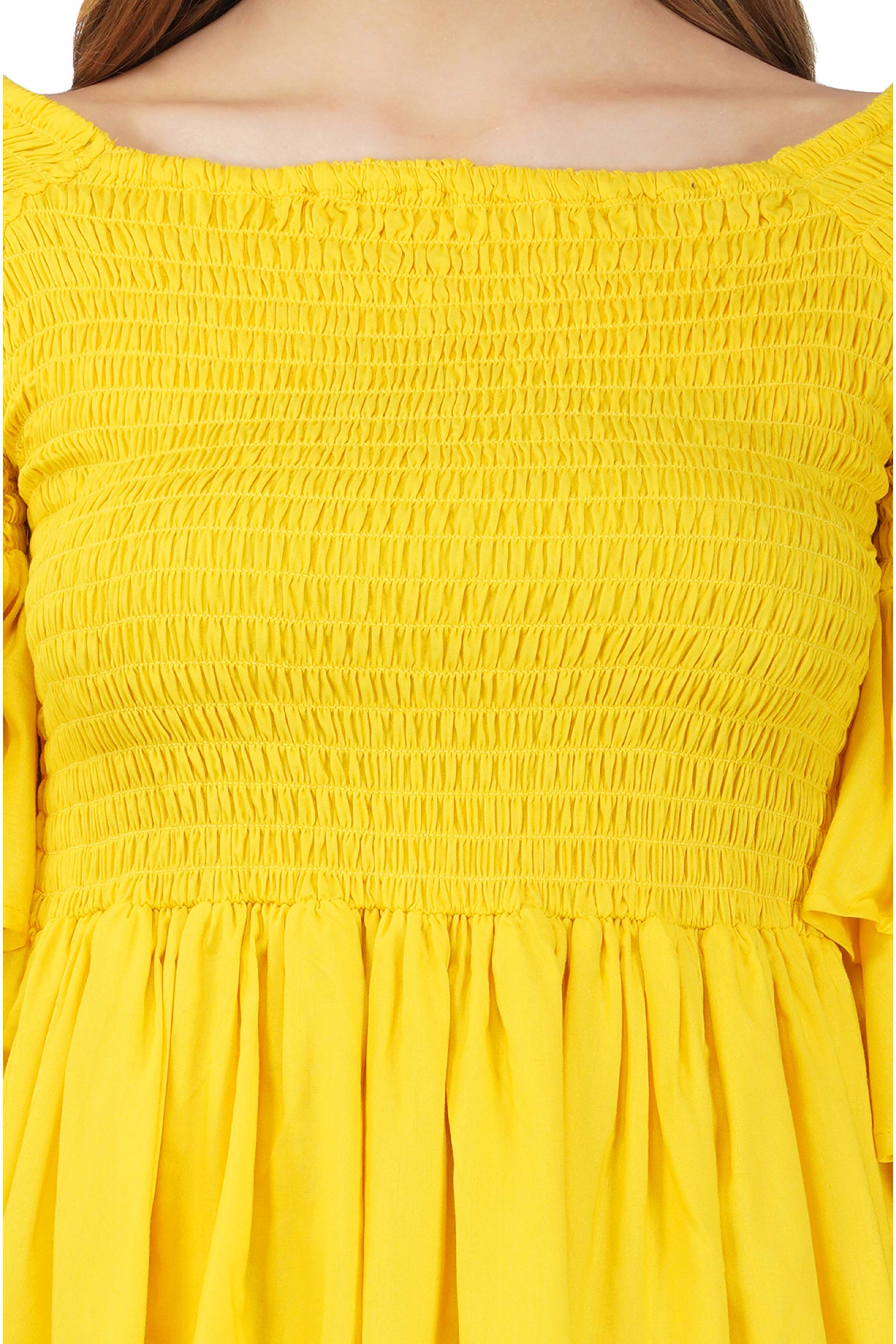 Yellow Smocked Off Shoulder Blouse, Double Layer Attire, 100% Cotton