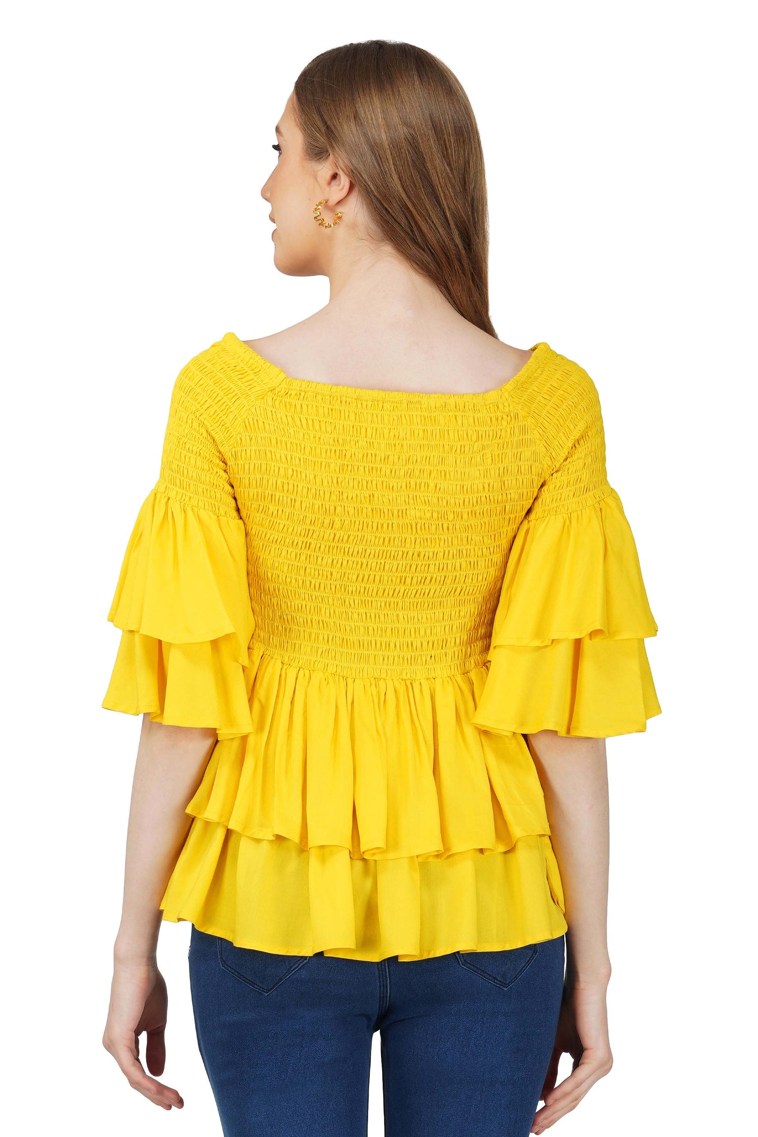 Yellow Smocked Off Shoulder Blouse, Double Layer Attire, 100% Cotton