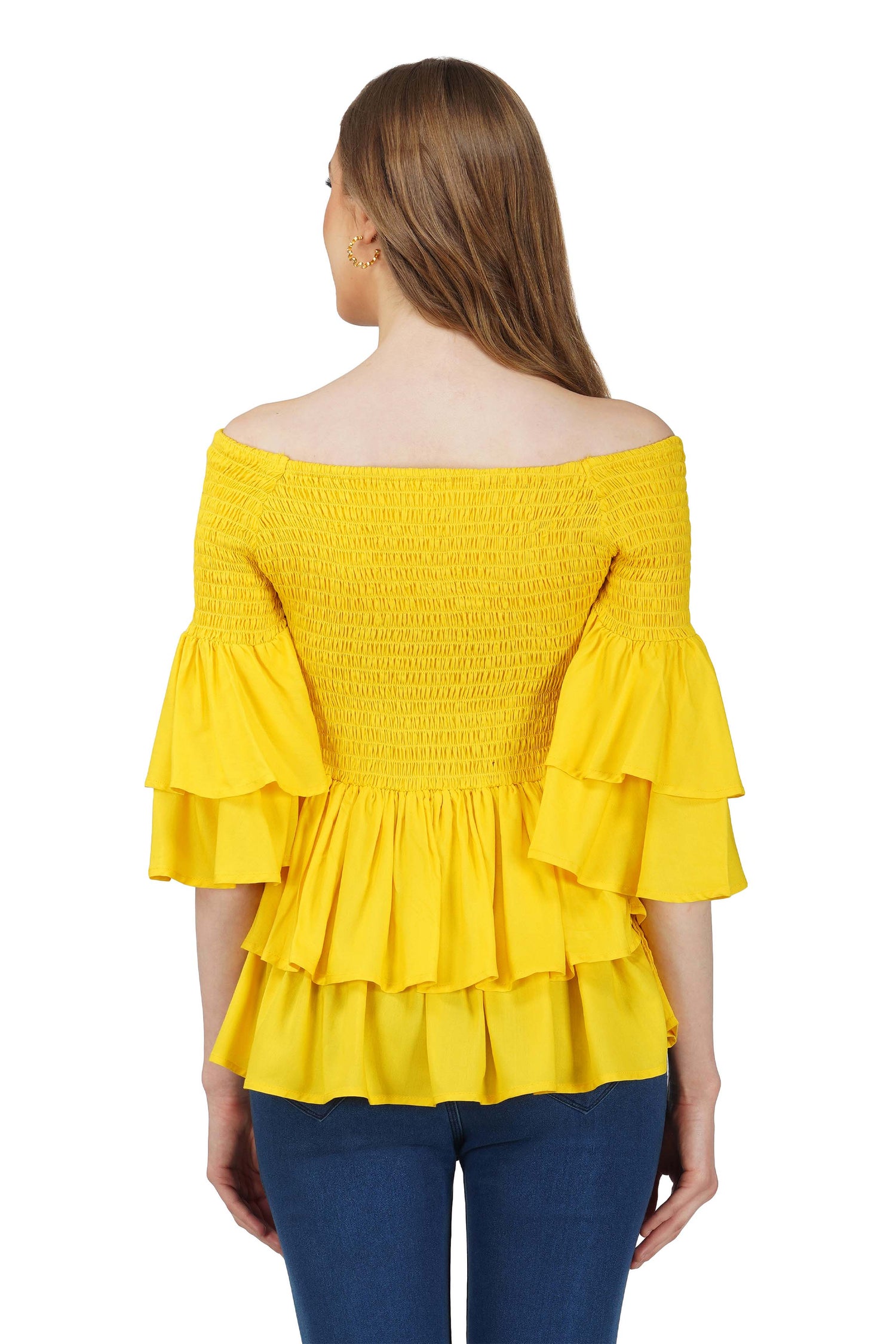 Yellow Smocked Off Shoulder Blouse, Double Layer Attire, 100% Cotton