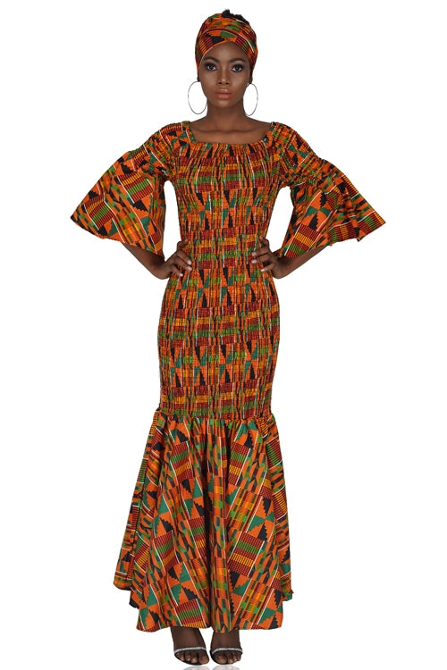 Kente Long Smocked Fish Tail Dress