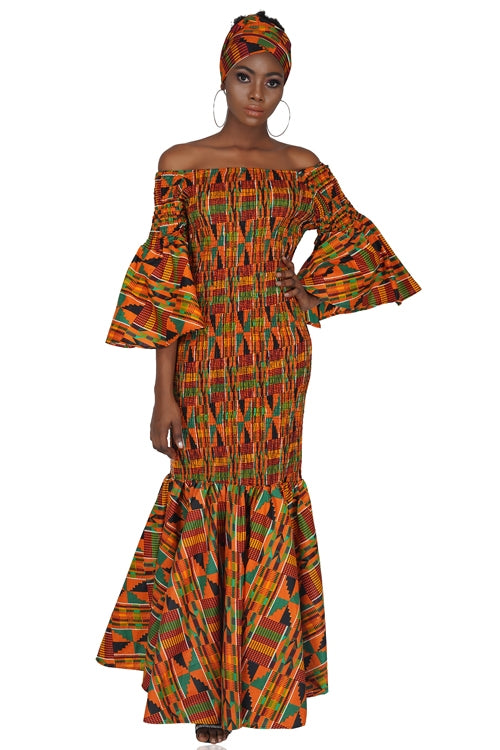 Kente Long Smocked Fish Tail Dress