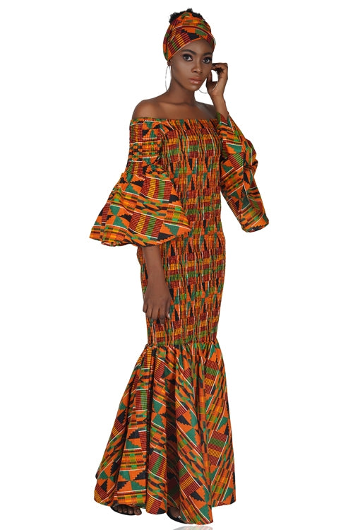 Kente Long Smocked Fish Tail Dress