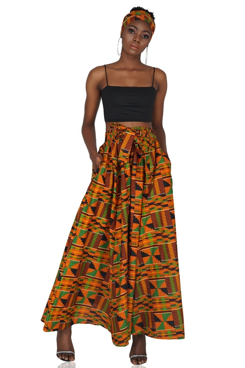 African Long Maxi Skirt 100% Cotton w/ Pockets & Headwrap One Size 41” Length