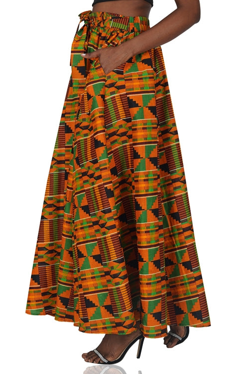 African Long Maxi Skirt 100% Cotton w/ Pockets & Headwrap One Size 41” Length
