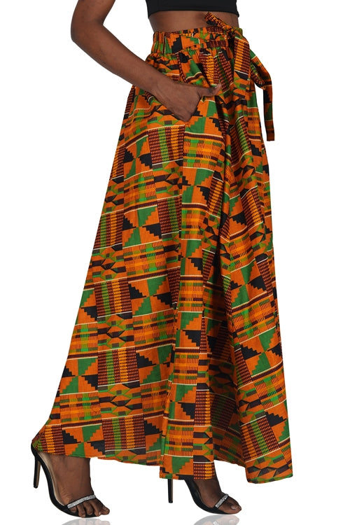 African Long Maxi Skirt 100% Cotton w/ Pockets & Headwrap One Size 41” Length