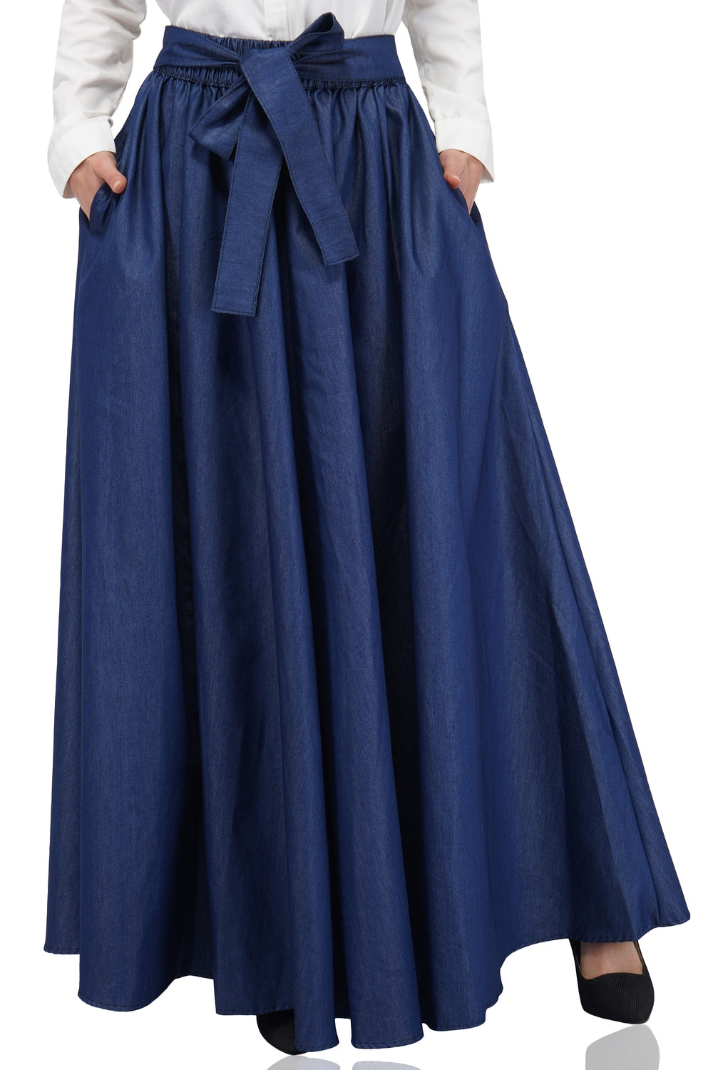 Indigo Denim Long Maxi Skirt 100% Cotton w/ Pockets & Headwrap One Size 41” Length