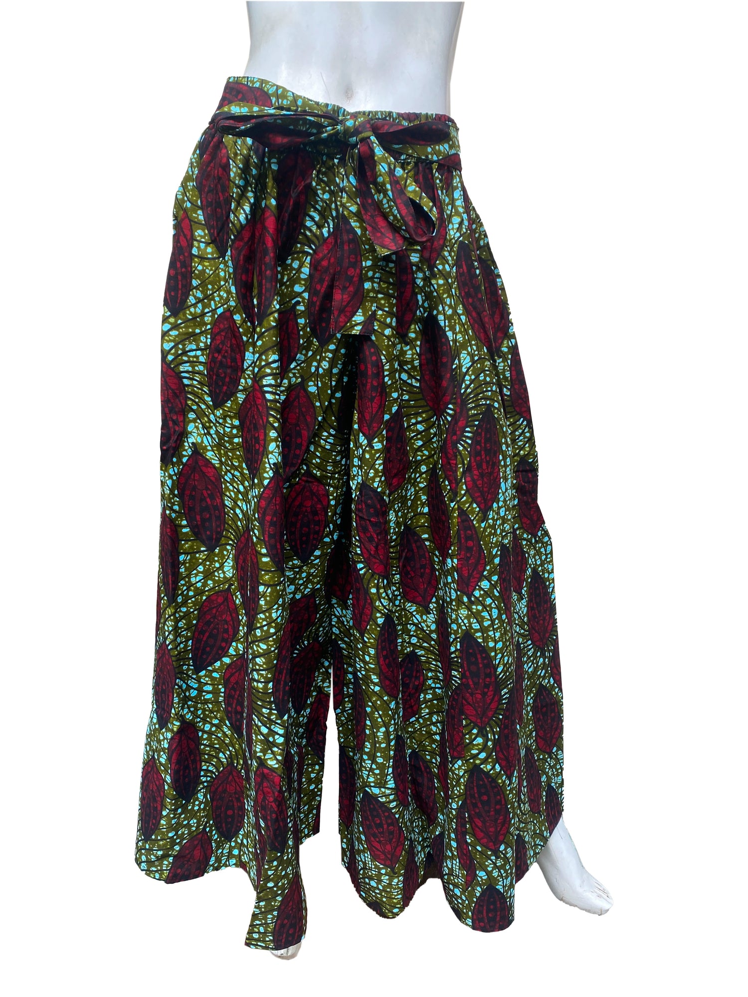 African Palazzo Pants Set w/ Headwrap | Wide Leg Cotton Pants w/ Belts &amp; Pockets, One Size