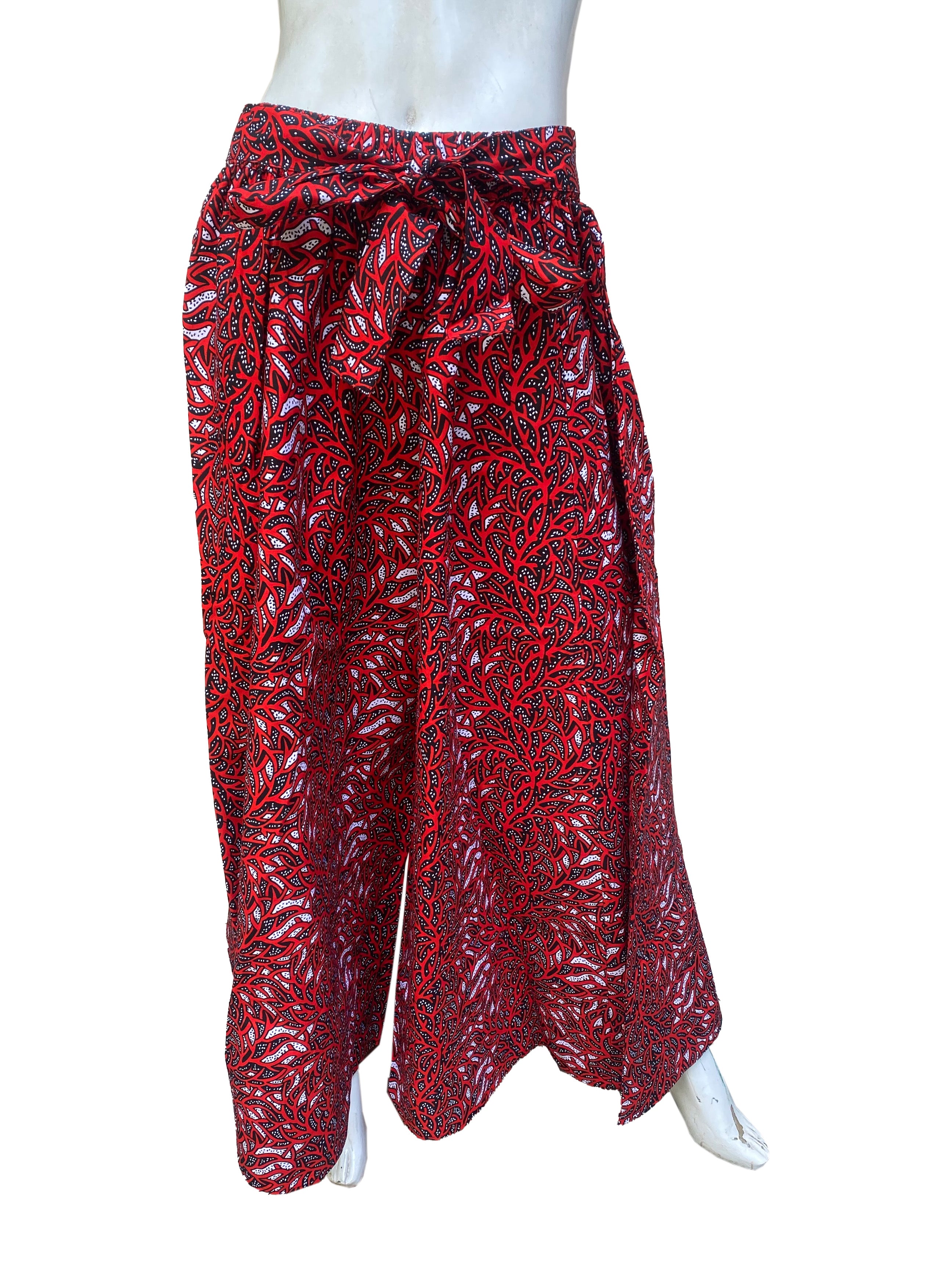 African Palazzo Pants Set w/ Headwrap | Wide Leg Cotton Pants w/ Belts &amp; Pockets, One Size