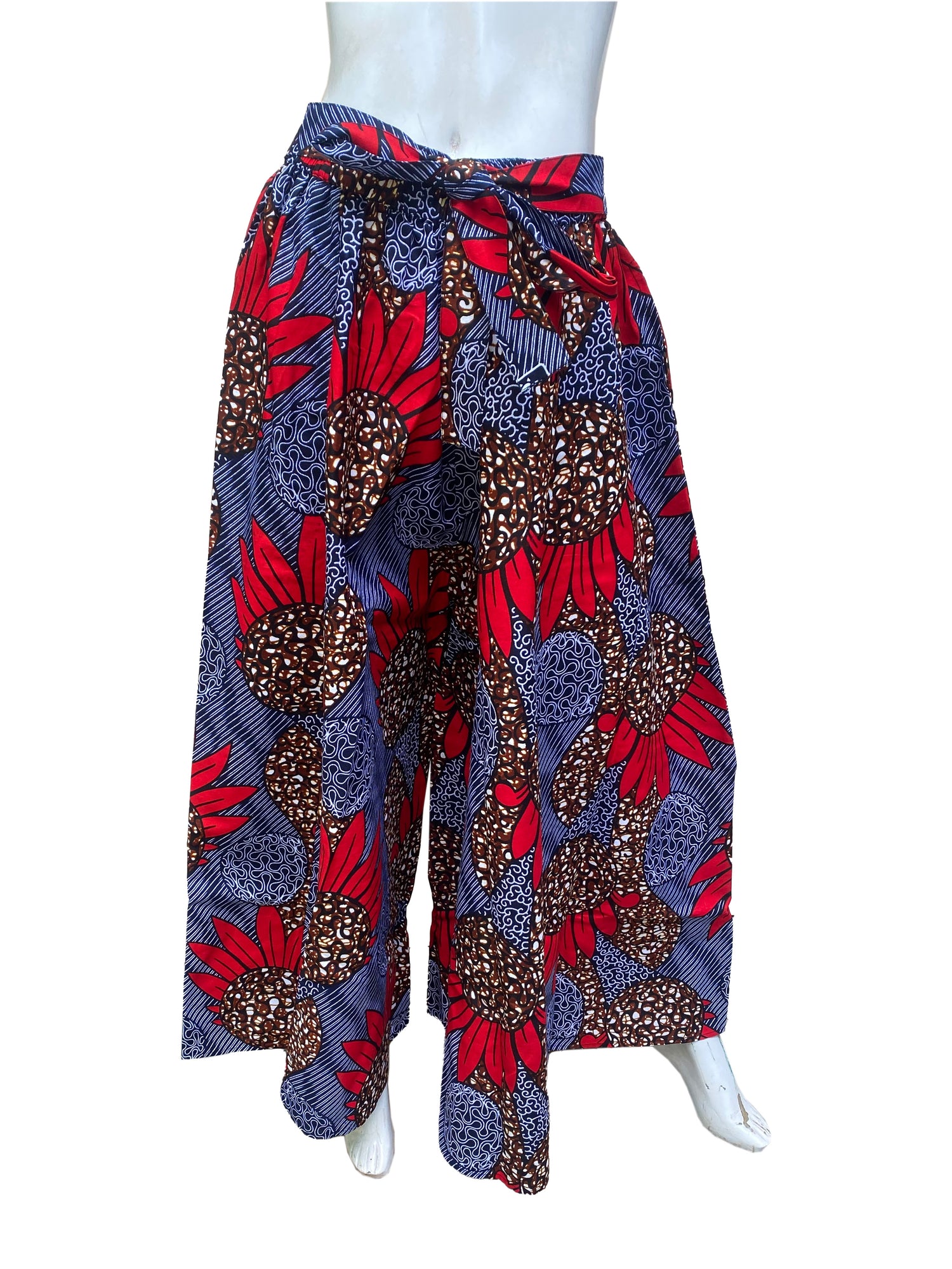 African Palazzo Pants Set w/ Headwrap | Wide Leg Cotton Pants w/ Belts &amp; Pockets, One Size