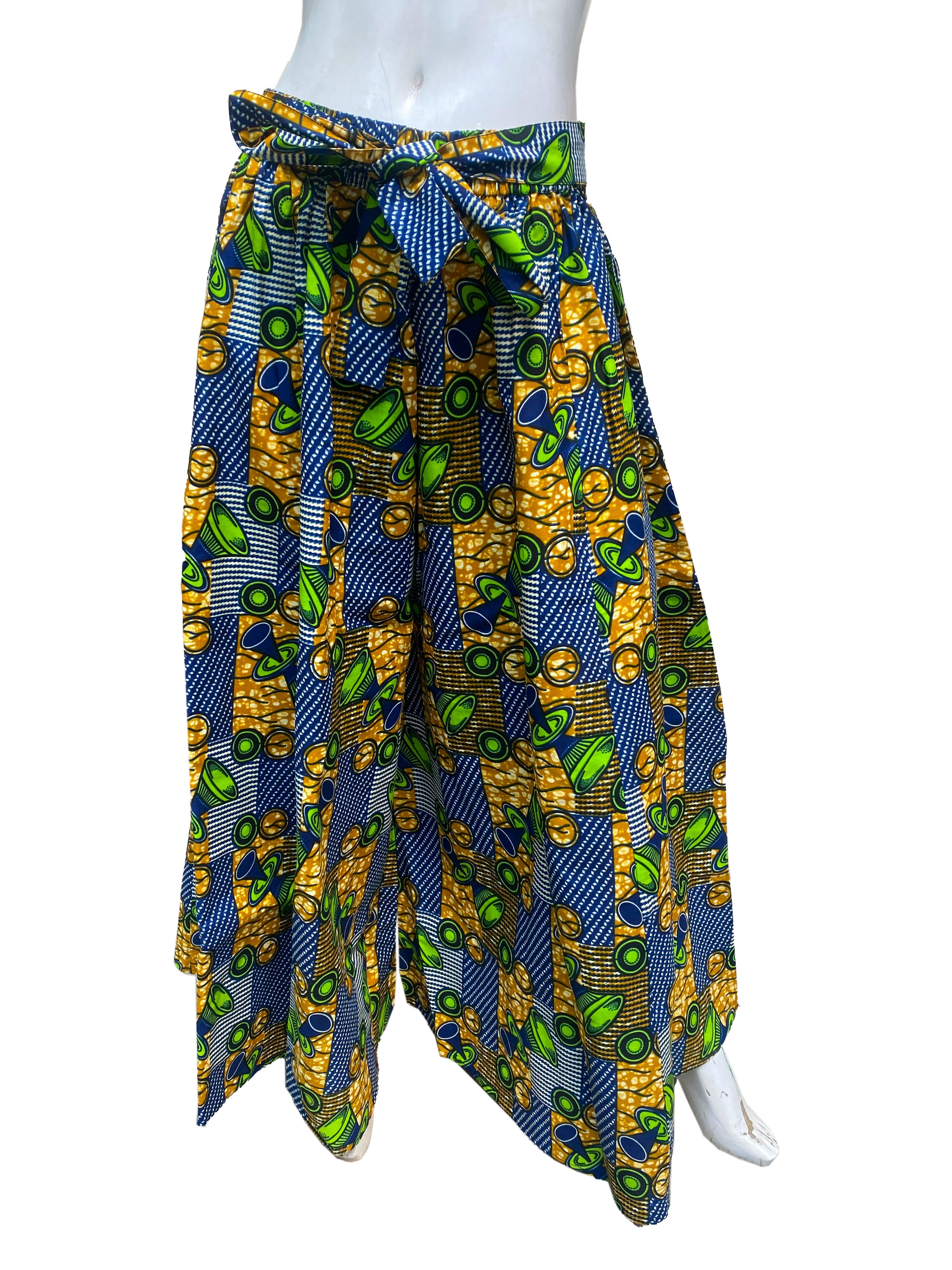 African Palazzo Pants Set w/ Headwrap | Wide Leg Cotton Pants w/ Belts &amp; Pockets, One Size