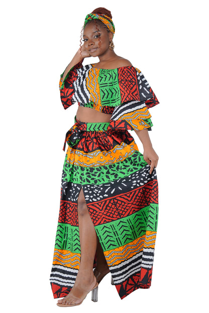 African Crop Top and Slit Skirt Set | One Size