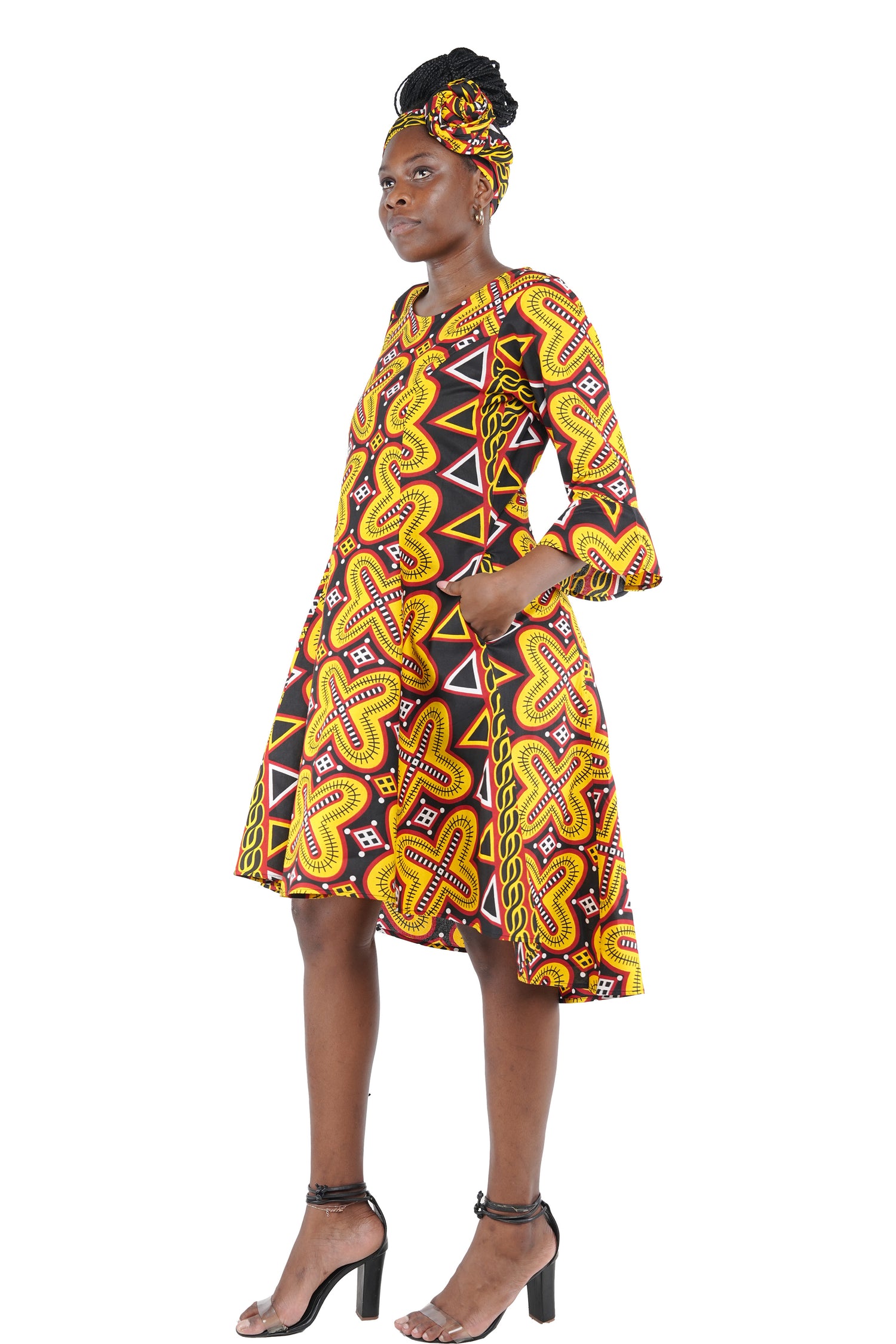 African High Low Dress – Princess Cut, Back Zipper, Headwrap & Pockets