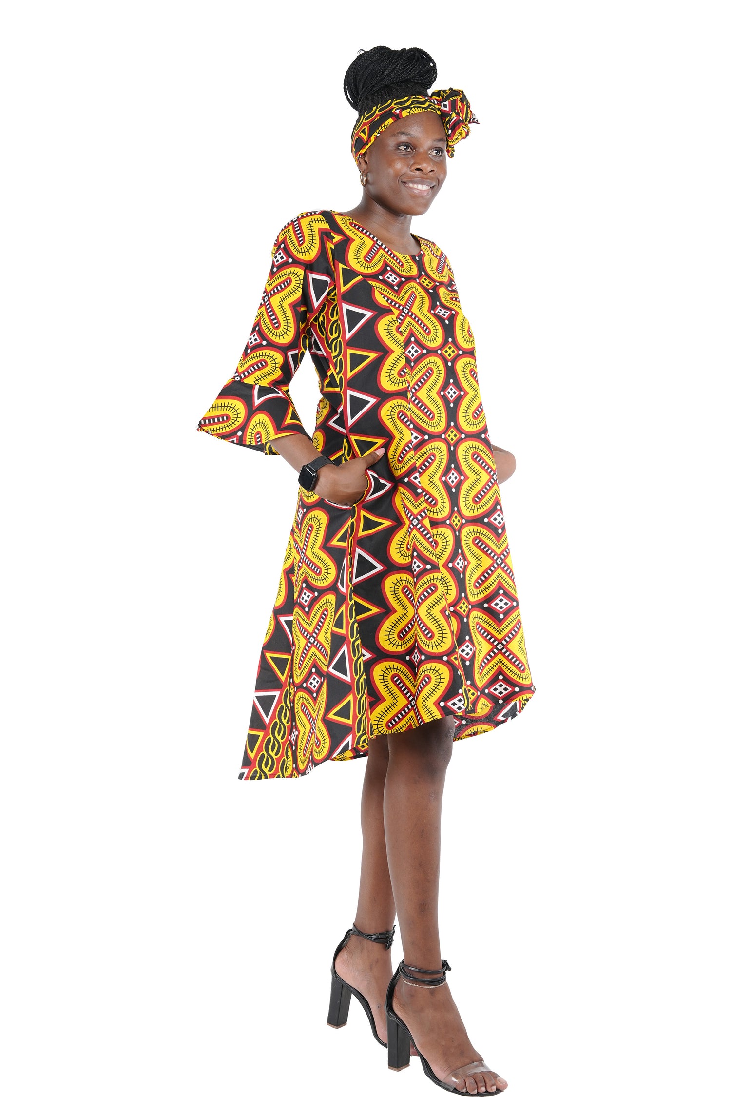 African High Low Dress Princess Cut, Back Zipper, Headwrap & Pockets | 100% Cotton Satsuma African Clothing African High Low Dress Princess Cut, Back Zipper, Headwrap & Pockets | 100% Cotton Satsuma African Clothing