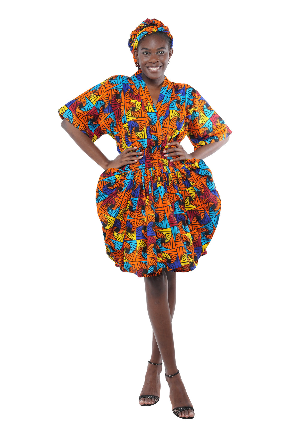 African Short Dress 100% Cotton Smocked Waist w/ Headwrap V Neck One Size