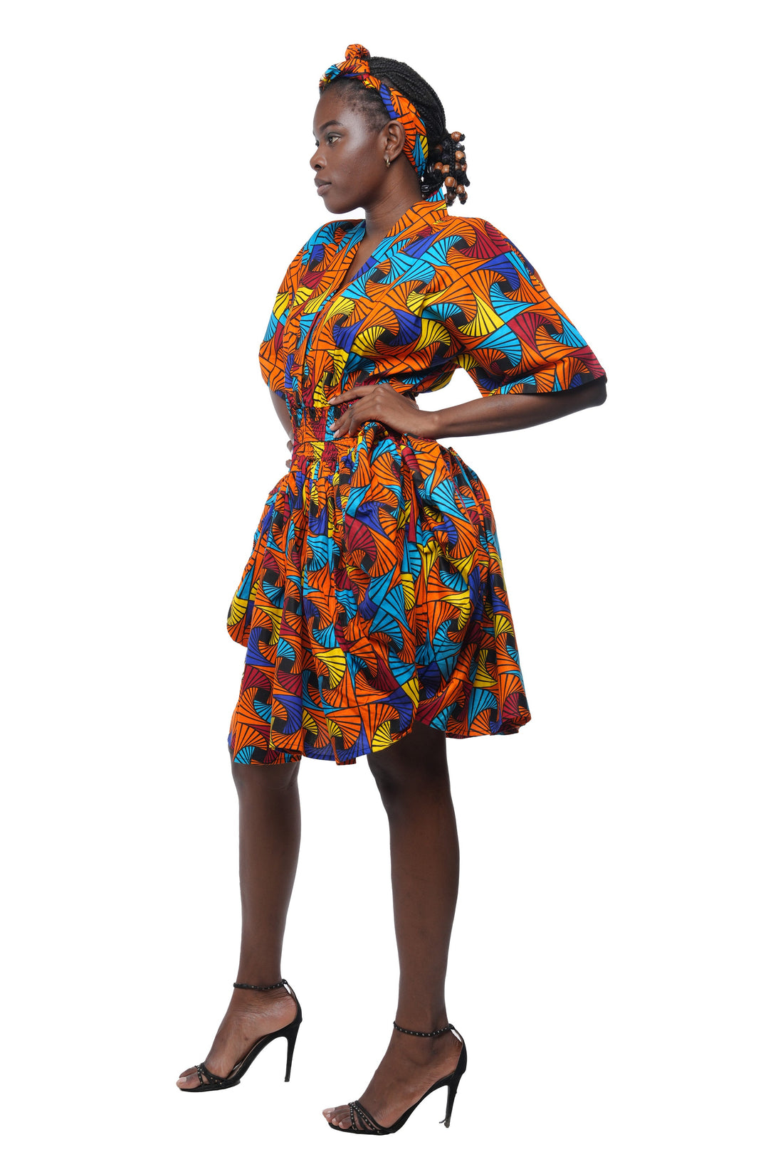 African Short Dress 100% Cotton Smocked Waist w/ Headwrap V Neck One Size