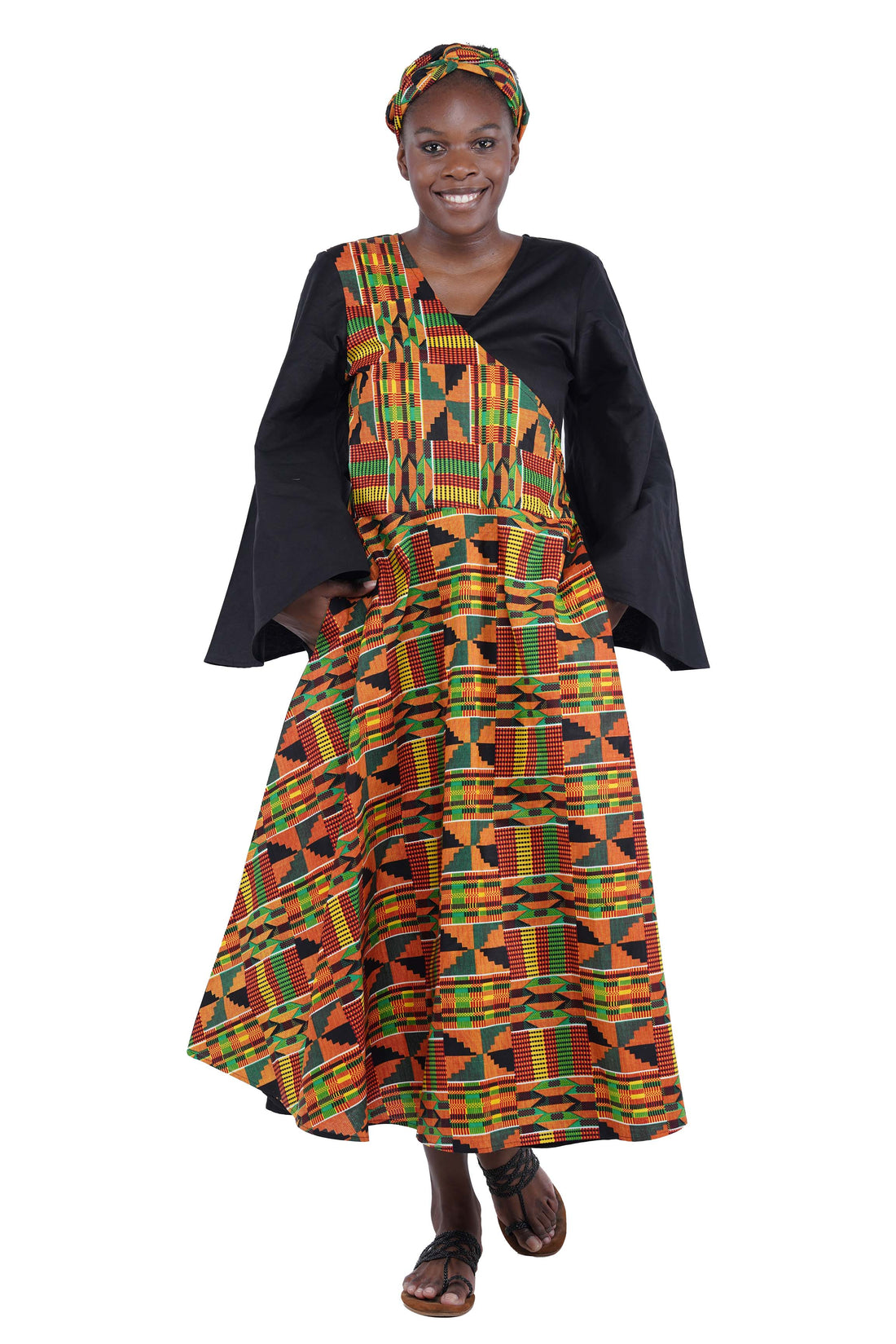 African long wrap dress with pockets and matching headwrap

Afrocentric cotton wrap dress with tribal print

African attire for women – ankara wrap dress

African dresses for women