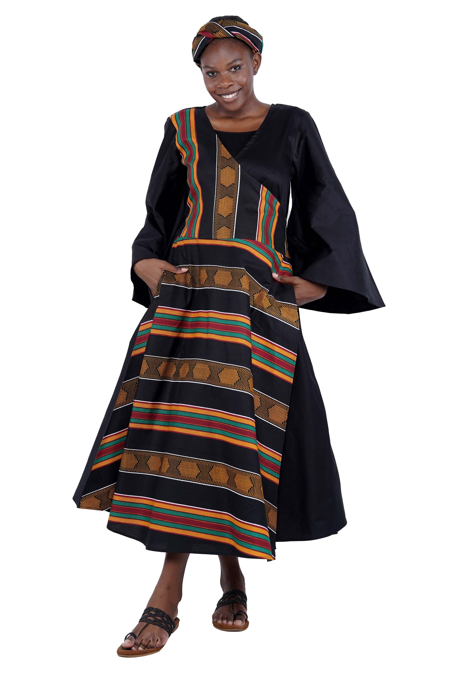 African Long Wrap Dress – 100% Cotton with Pockets & Matching Headwrap – Satsuma African Clothing African Long Wrap Dress – 100% Cotton with Pockets & Matching Headwrap – Satsuma African Clothing
