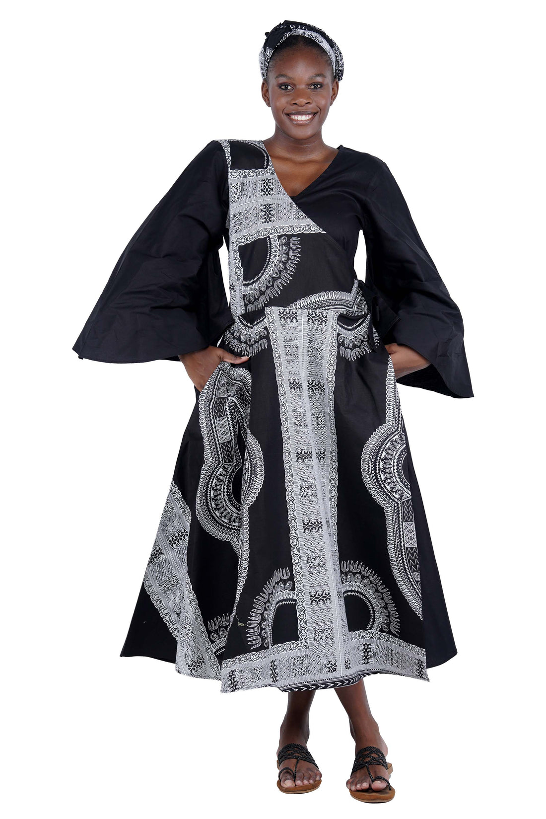 African long wrap dress with pockets and matching headwrap

Afrocentric cotton wrap dress with tribal print

African attire for women – ankara wrap dress

African dresses for women