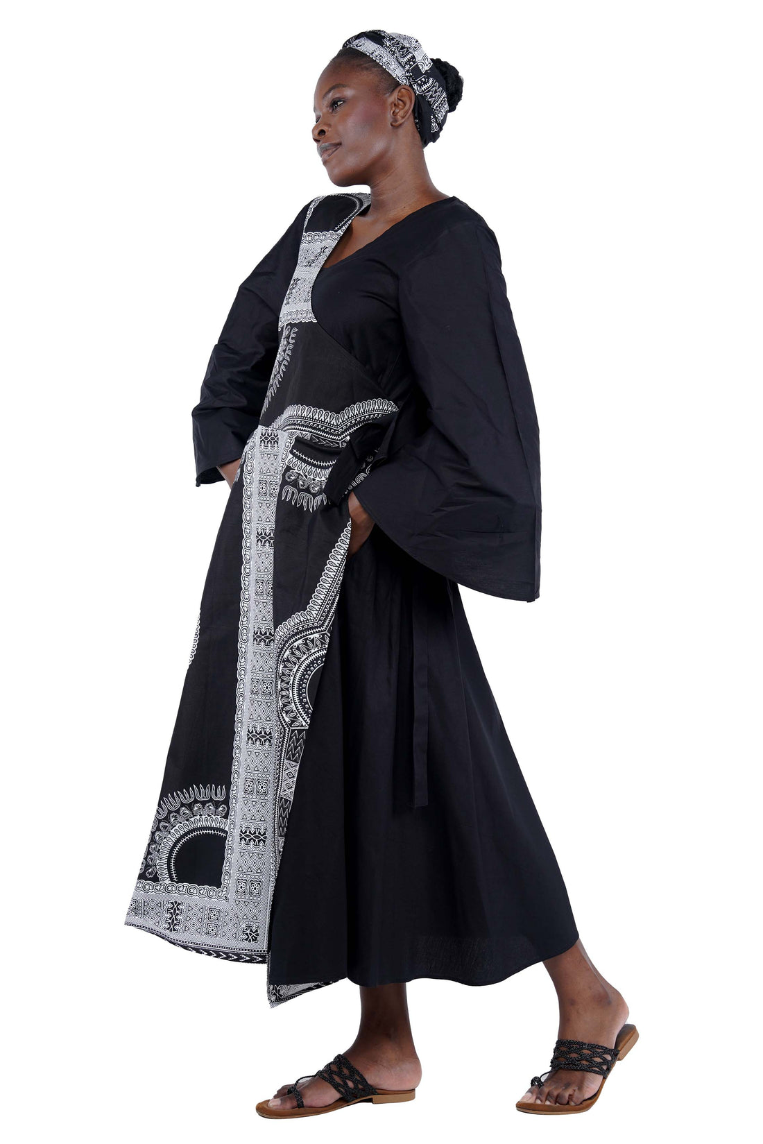 African long wrap dress with pockets and matching headwrap

Afrocentric cotton wrap dress with tribal print

African attire for women – ankara wrap dress

African dresses for women