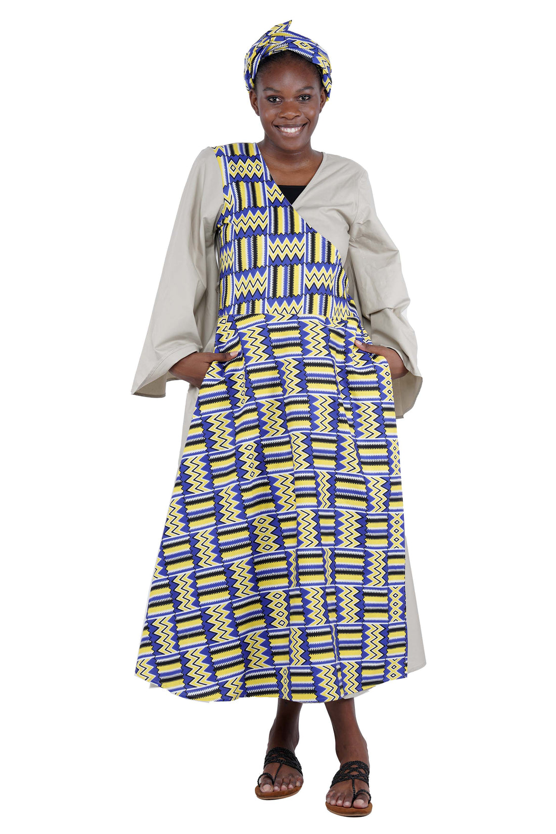 African long wrap dress with pockets and matching headwrap

Afrocentric cotton wrap dress with tribal print

African attire for women – ankara wrap dress

African dresses for women