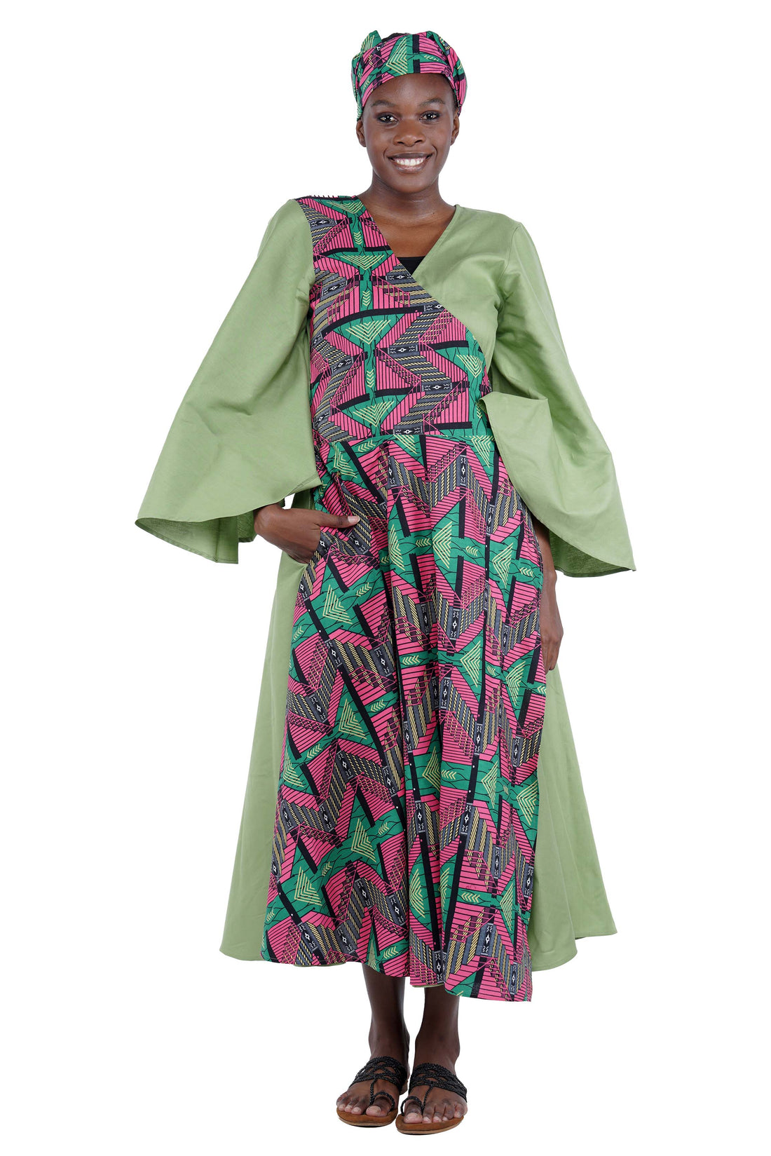 African long wrap dress with pockets and matching headwrap

Afrocentric cotton wrap dress with tribal print

African attire for women – ankara wrap dress

African dresses for women