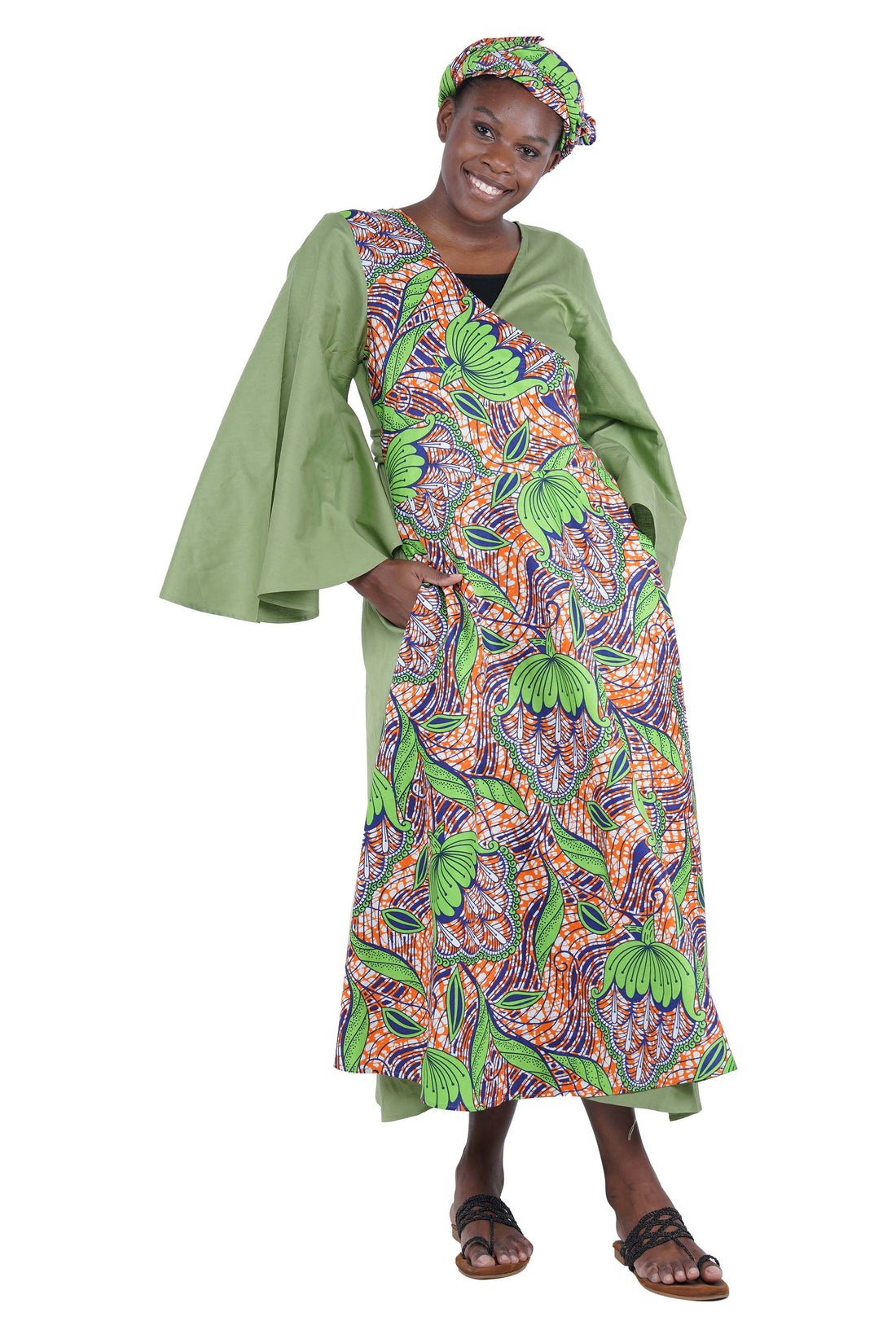 African long wrap dress with pockets and matching headwrap

Afrocentric cotton wrap dress with tribal print

African attire for women – ankara wrap dress

African dresses for women