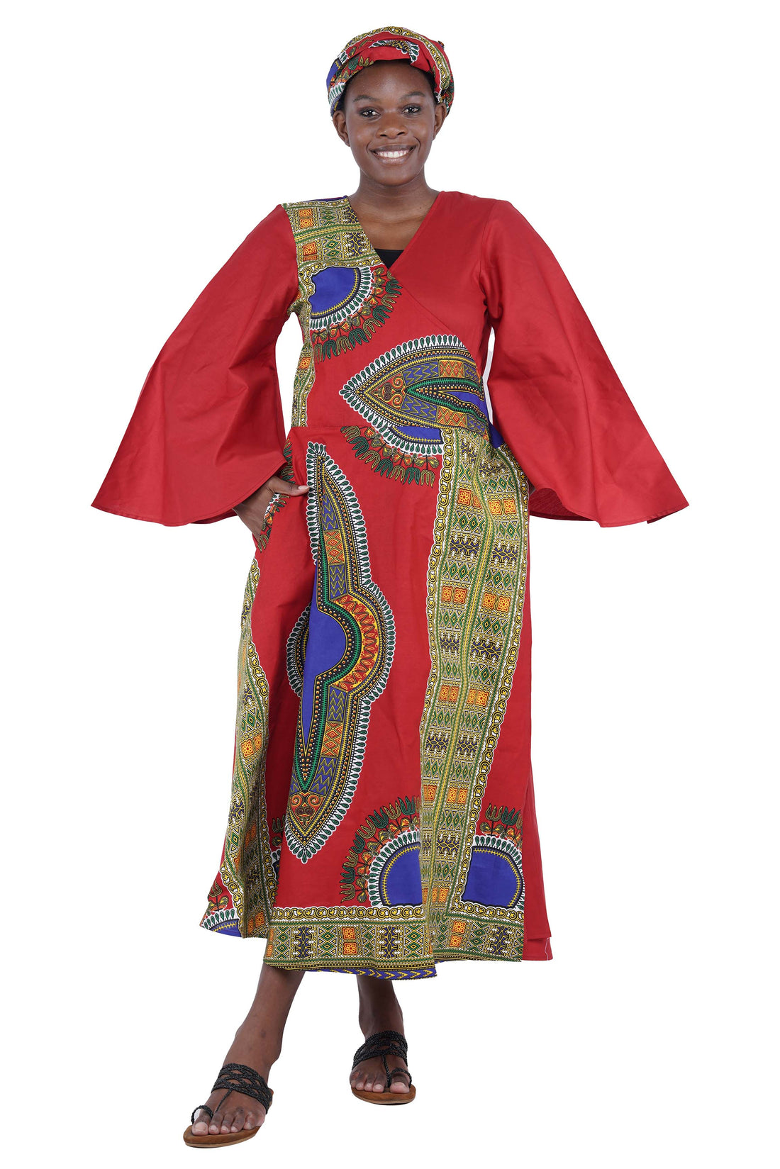 African long wrap dress with pockets and matching headwrap

Afrocentric cotton wrap dress with tribal print

African attire for women – ankara wrap dress

African dresses for women