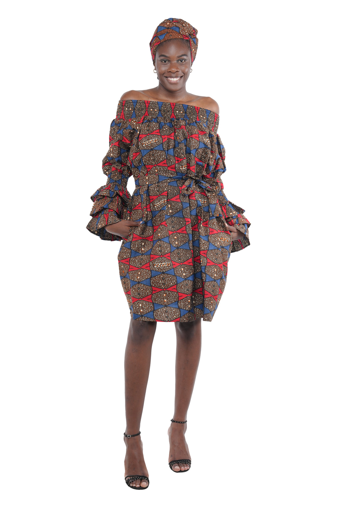 African off-the-shoulder midi dress with belt and headwrap
Afrocentric cotton midi dress with pockets
African attire for women – tribal print midi dress
African dresses for women