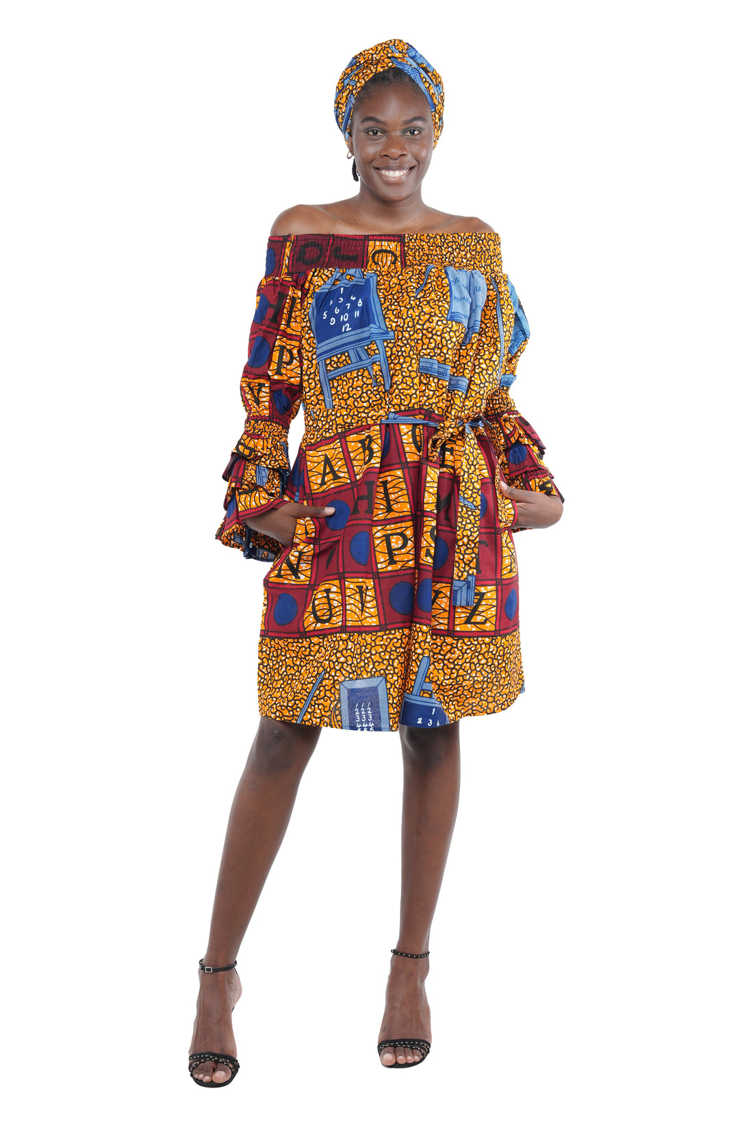 African off-the-shoulder midi dress with belt and headwrap
Afrocentric cotton midi dress with pockets
African attire for women – tribal print midi dress
African dresses for women