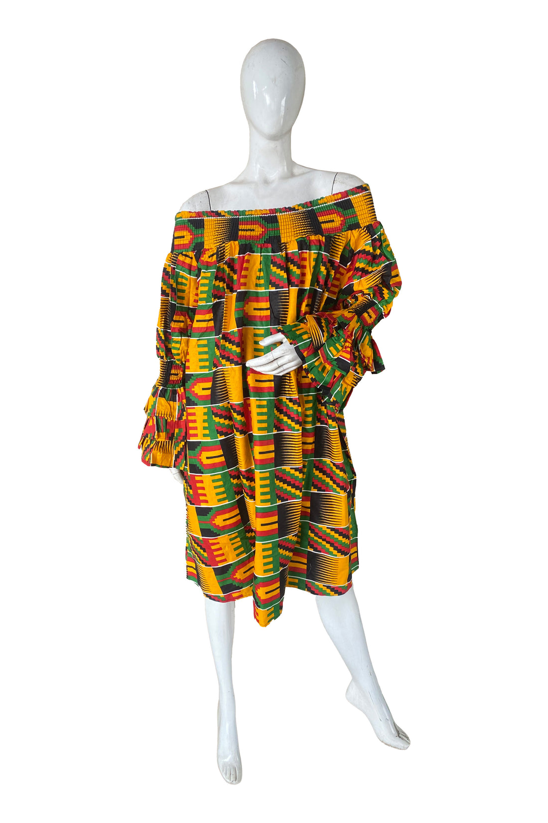 African off-the-shoulder midi dress with belt and headwrap
Afrocentric cotton midi dress with pockets
African attire for women – tribal print midi dress
African dresses for women