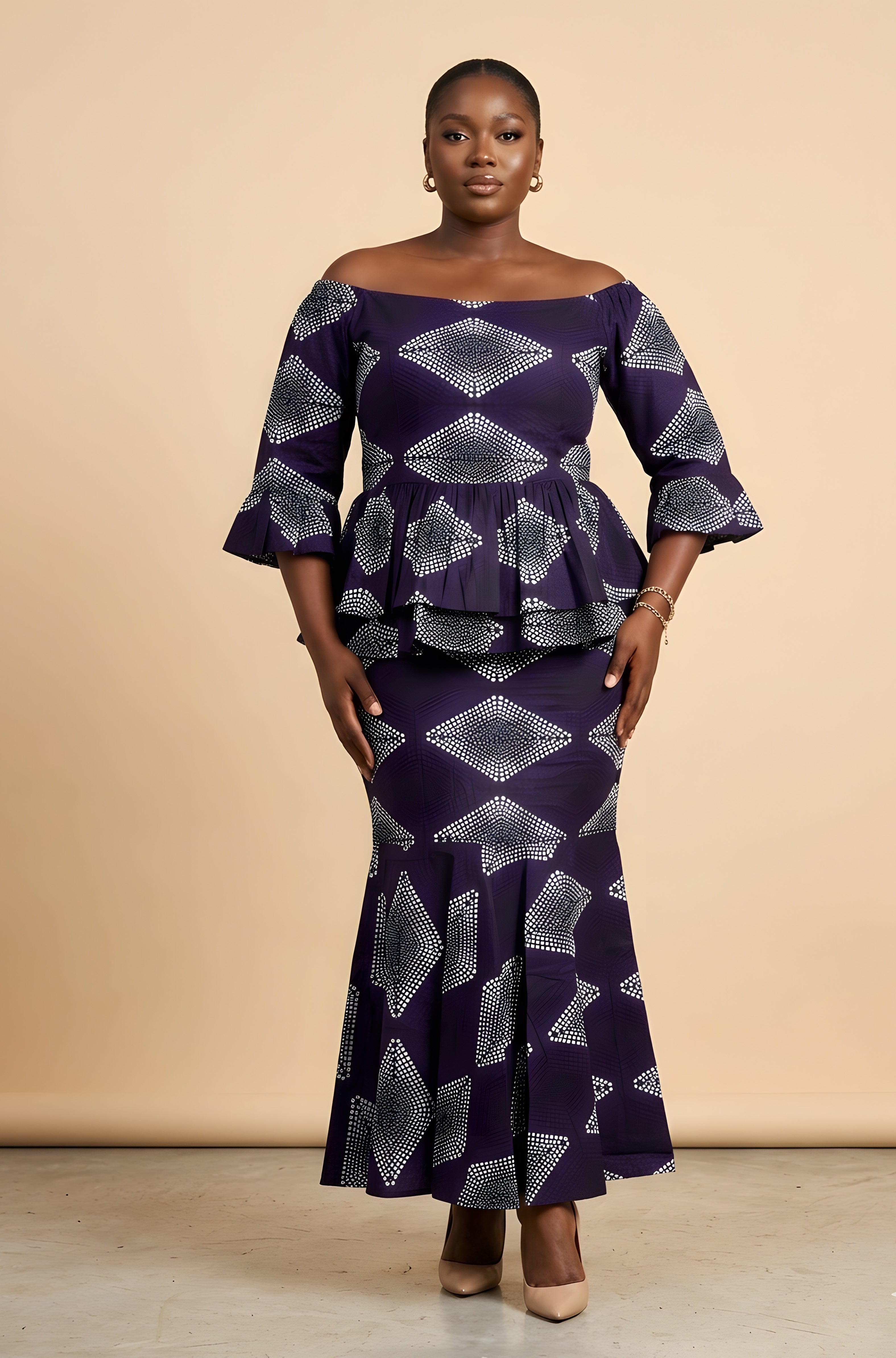 Elegant African Print Off-Shoulder Peplum Top &amp; Mermaid Skirt Set | M to 3XL