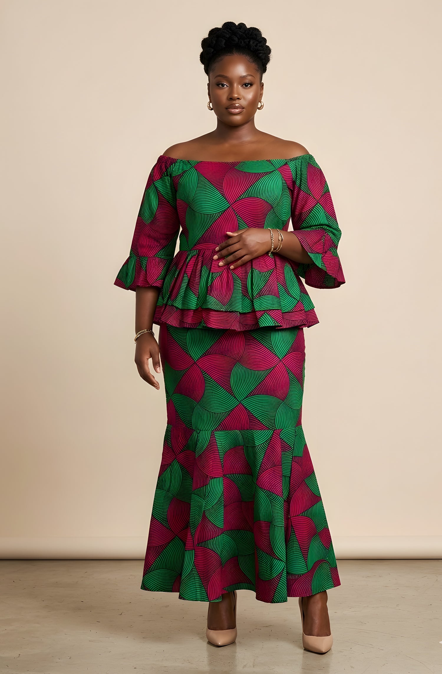 Elegant African Print Off-Shoulder Peplum Top &amp; Mermaid Skirt Set | M to 3XL