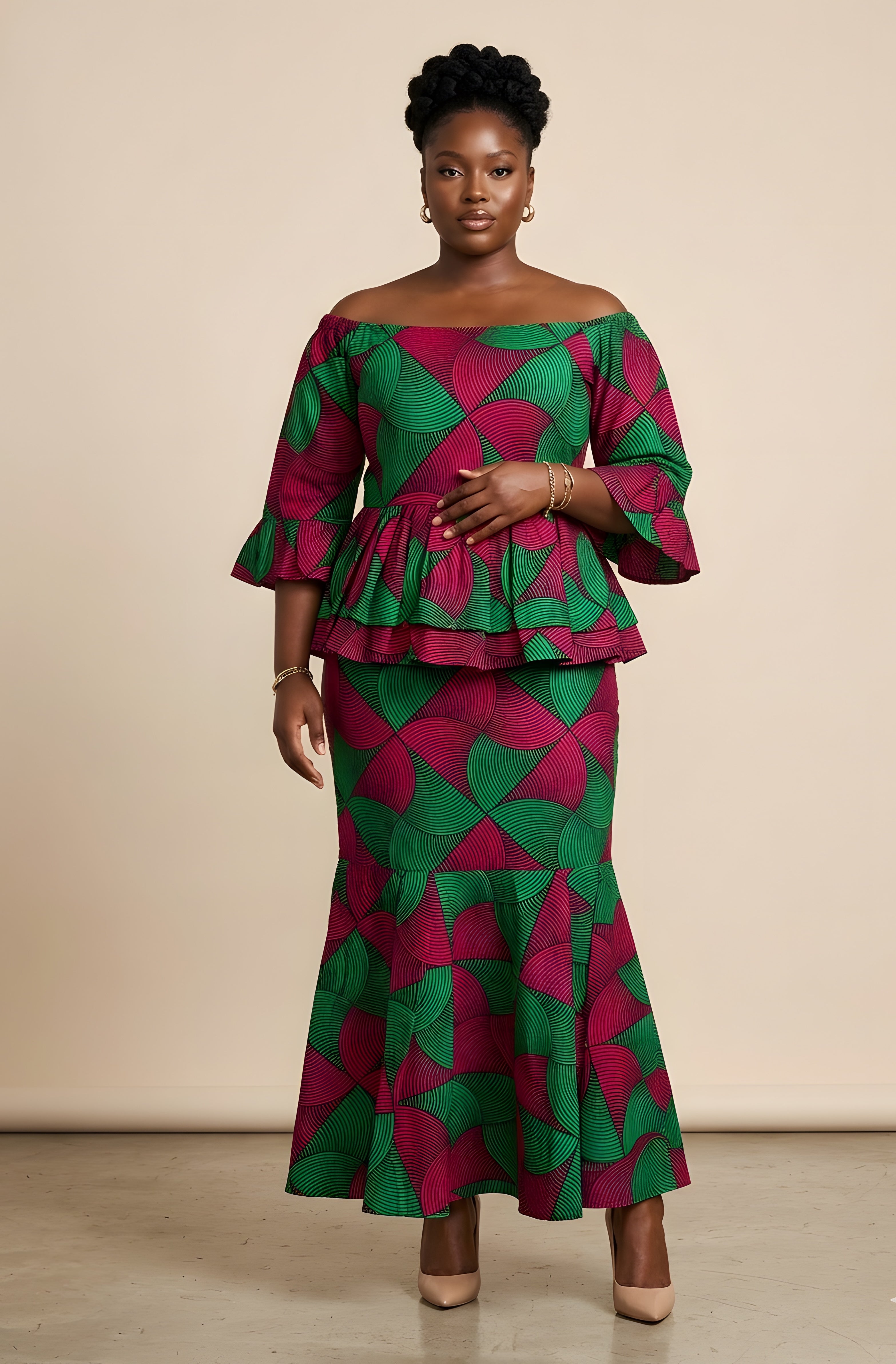 Elegant African Print Off-Shoulder Peplum Top &amp; Mermaid Skirt Set | M to 3XL