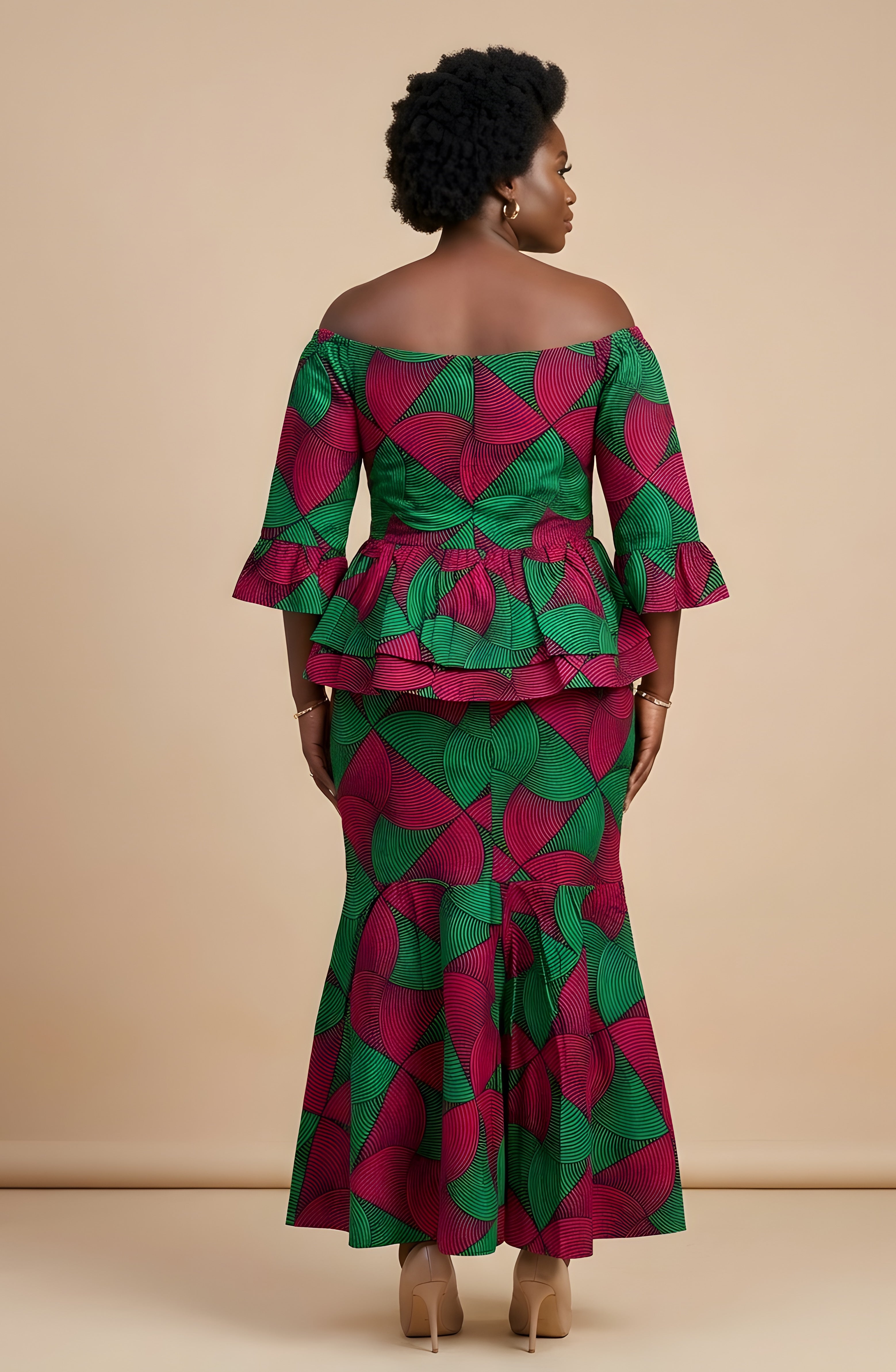 Elegant African Print Off-Shoulder Peplum Top &amp; Mermaid Skirt Set | M to 3XL