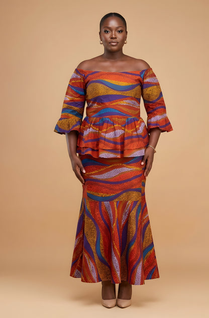 Elegant African Print Off-Shoulder Peplum Top &amp; Mermaid Skirt Set | M to 3XL