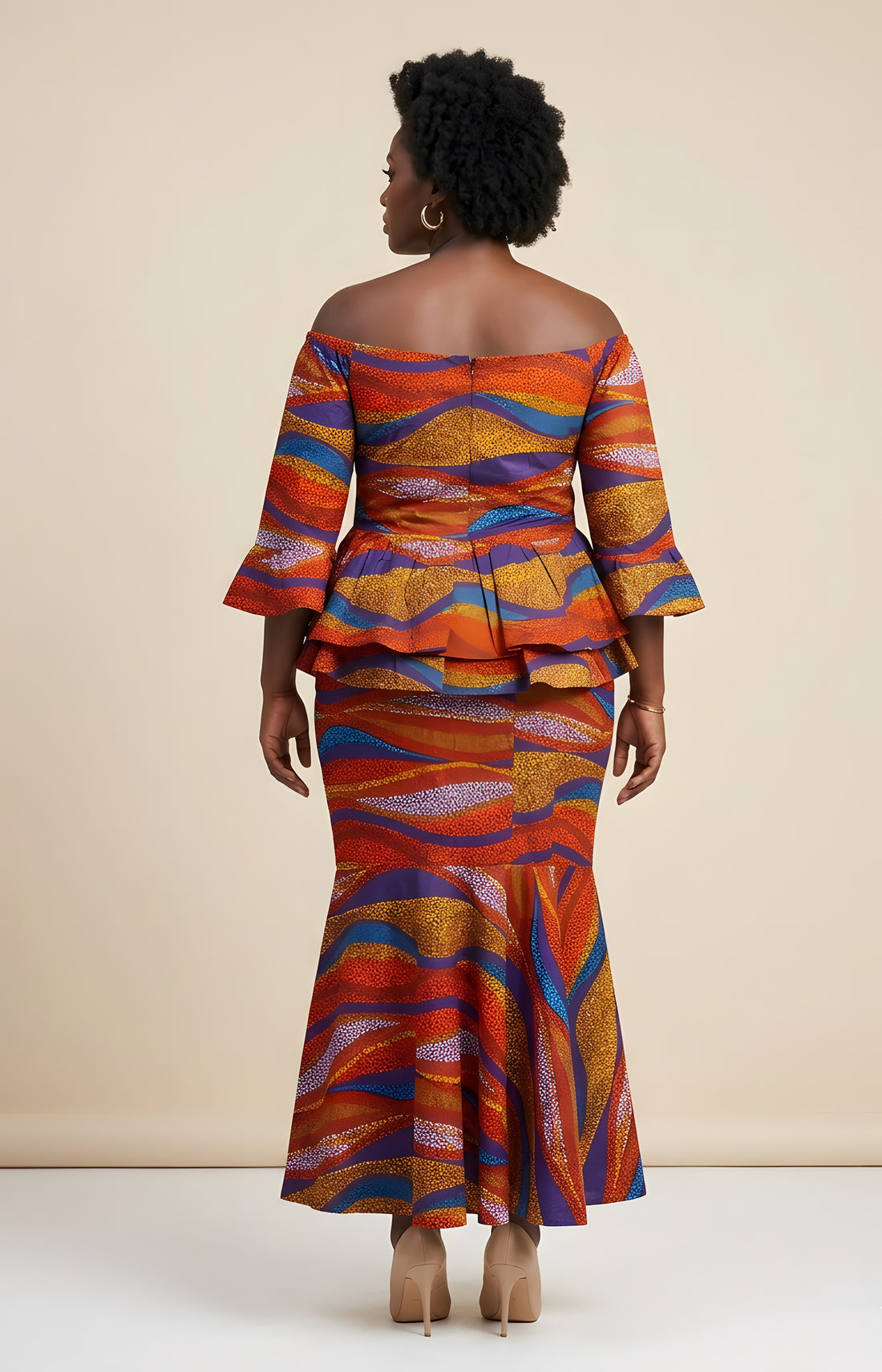 Elegant African Print Off-Shoulder Peplum Top &amp; Mermaid Skirt Set | M to 3XL