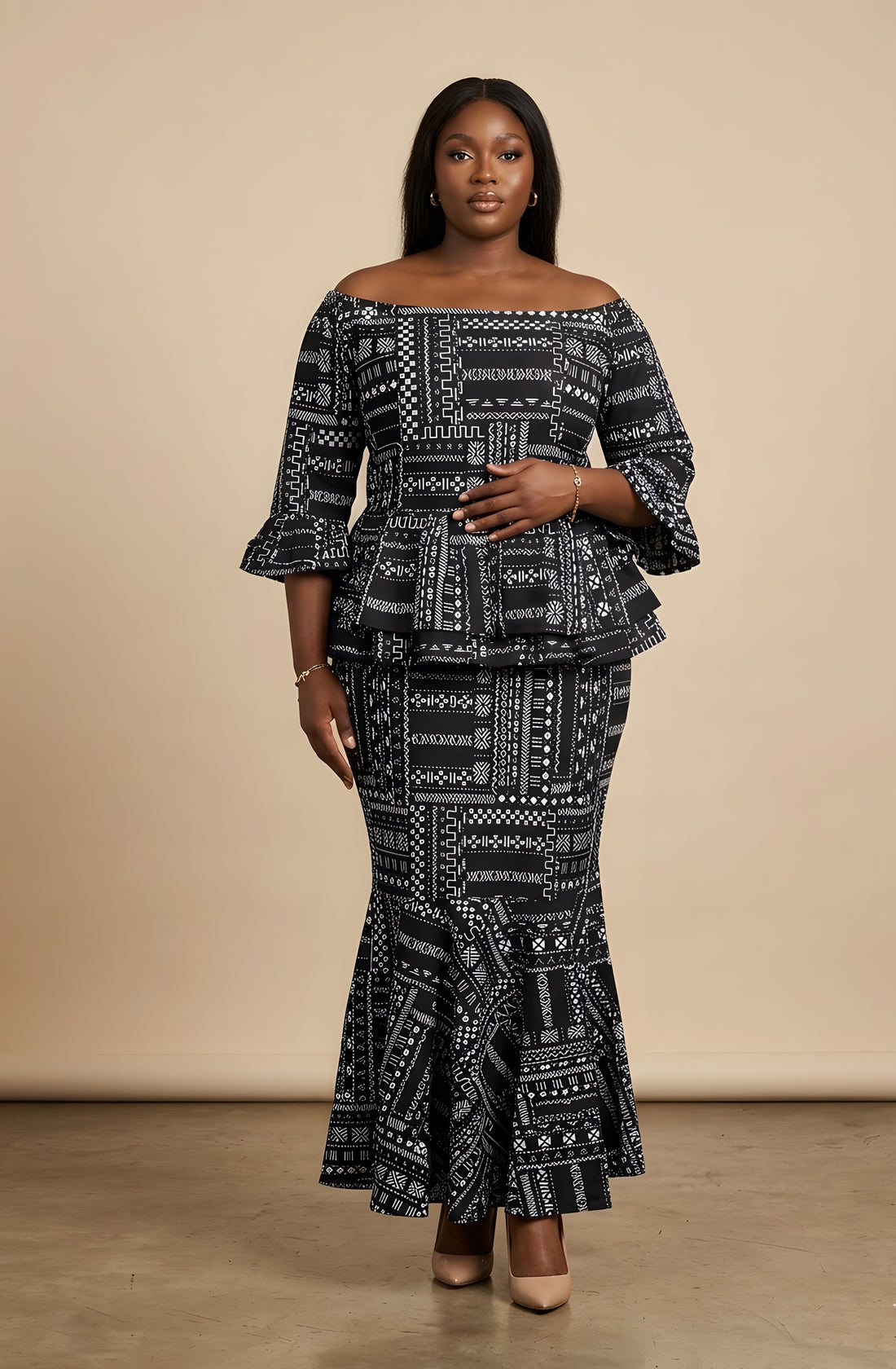 Elegant African Print Off-Shoulder Peplum Top &amp; Mermaid Skirt Set | M to 3XL