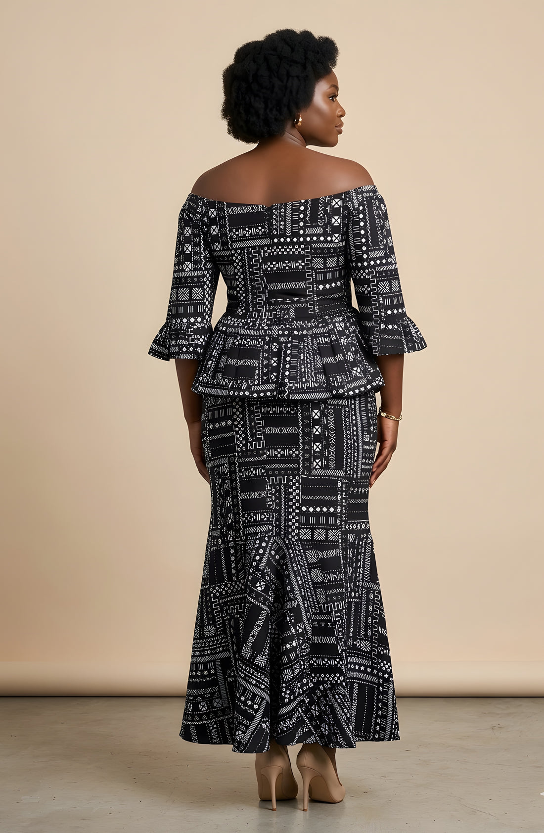 Elegant African Print Off-Shoulder Peplum Top &amp; Mermaid Skirt Set | M to 3XL