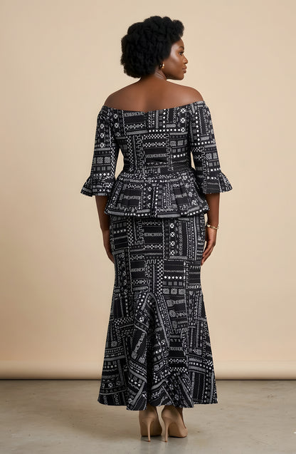 Elegant African Print Off-Shoulder Peplum Top &amp; Mermaid Skirt Set | M to 3XL