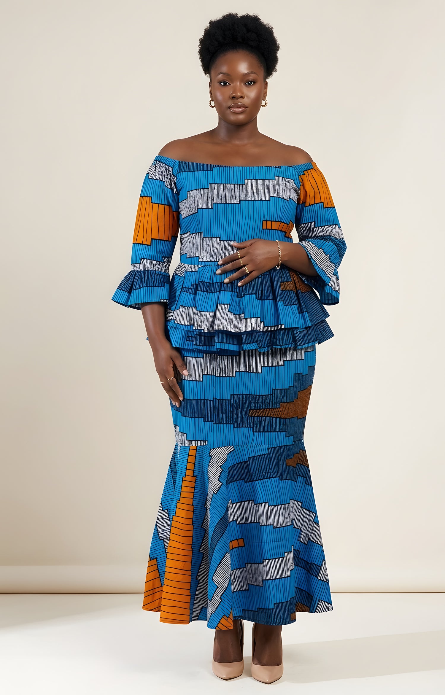 Elegant African Print Off-Shoulder Peplum Top &amp; Mermaid Skirt Set | M to 3XL