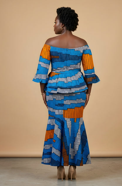 Elegant African Print Off-Shoulder Peplum Top &amp; Mermaid Skirt Set | M to 3XL