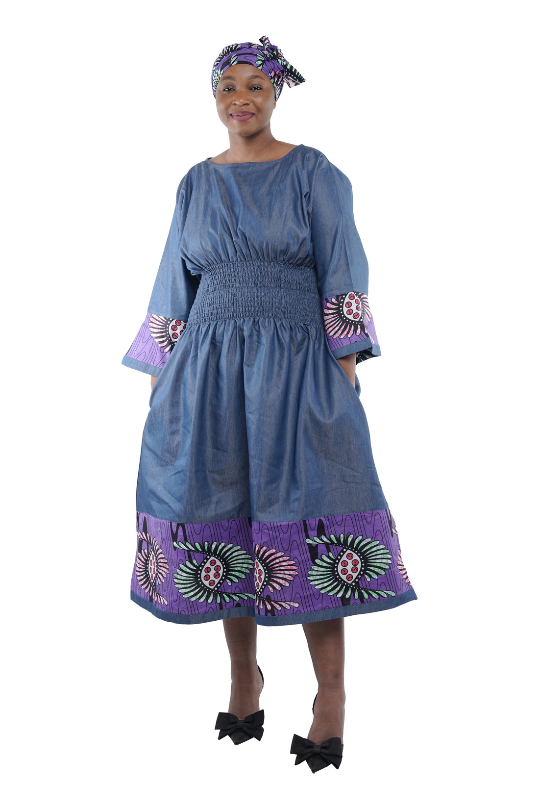 African Trim Blue Midi Dress