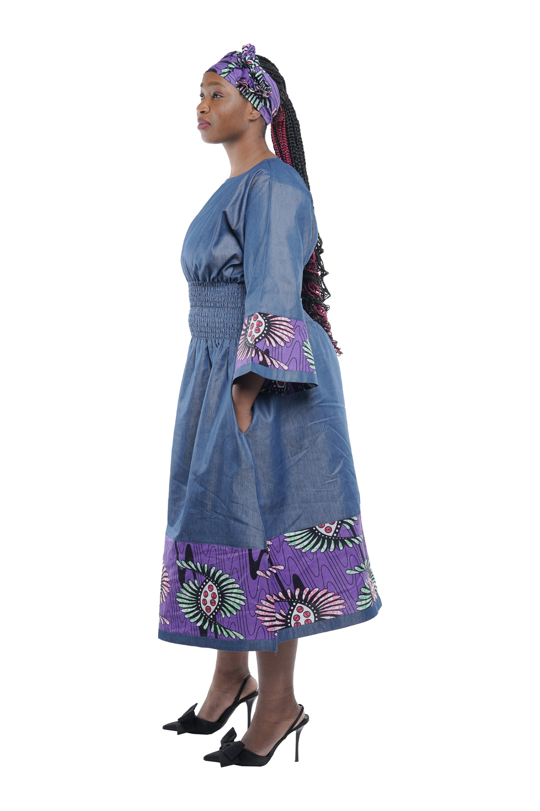 African Trim Blue Midi Dress