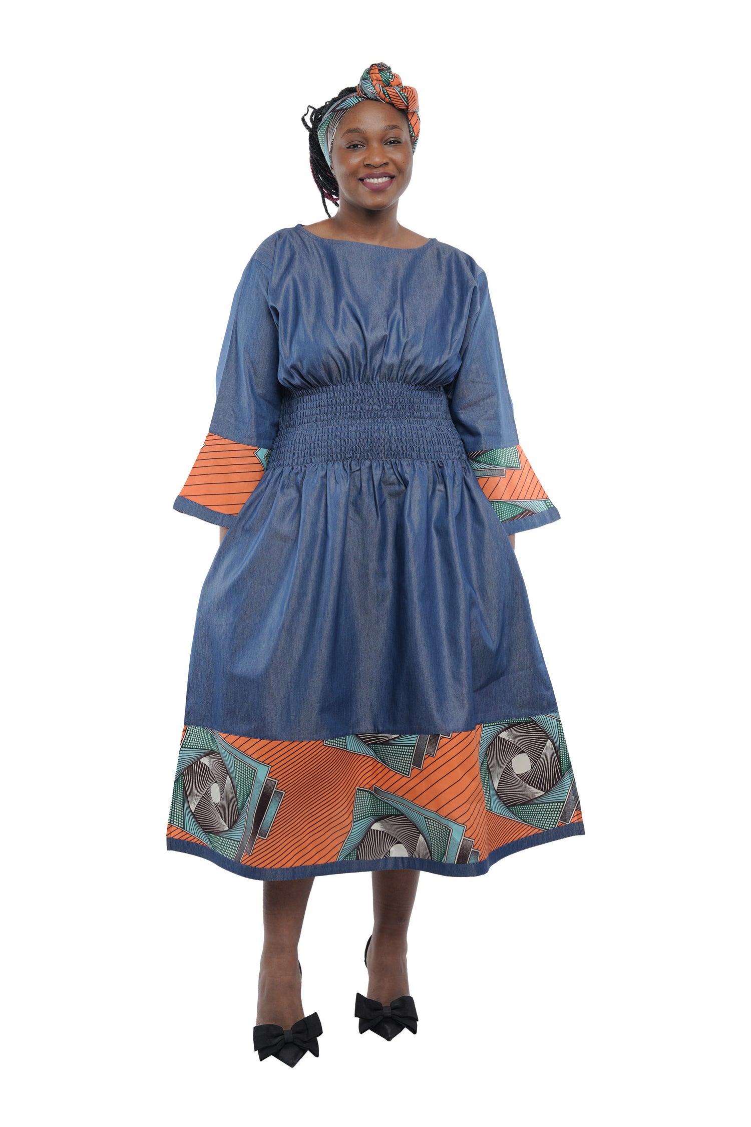African Trim Smocked Denim Dress with Headwrap & Pockets – Satsuma African Clothing