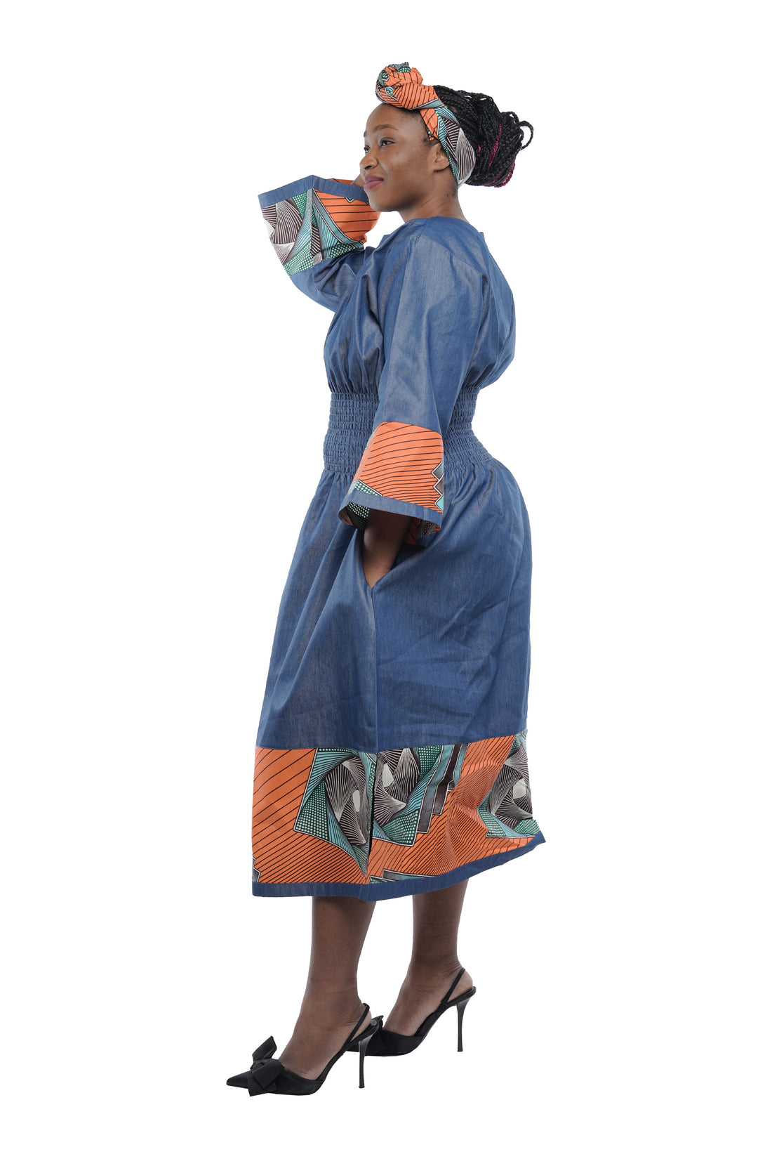 African Trim Blue Midi Dress